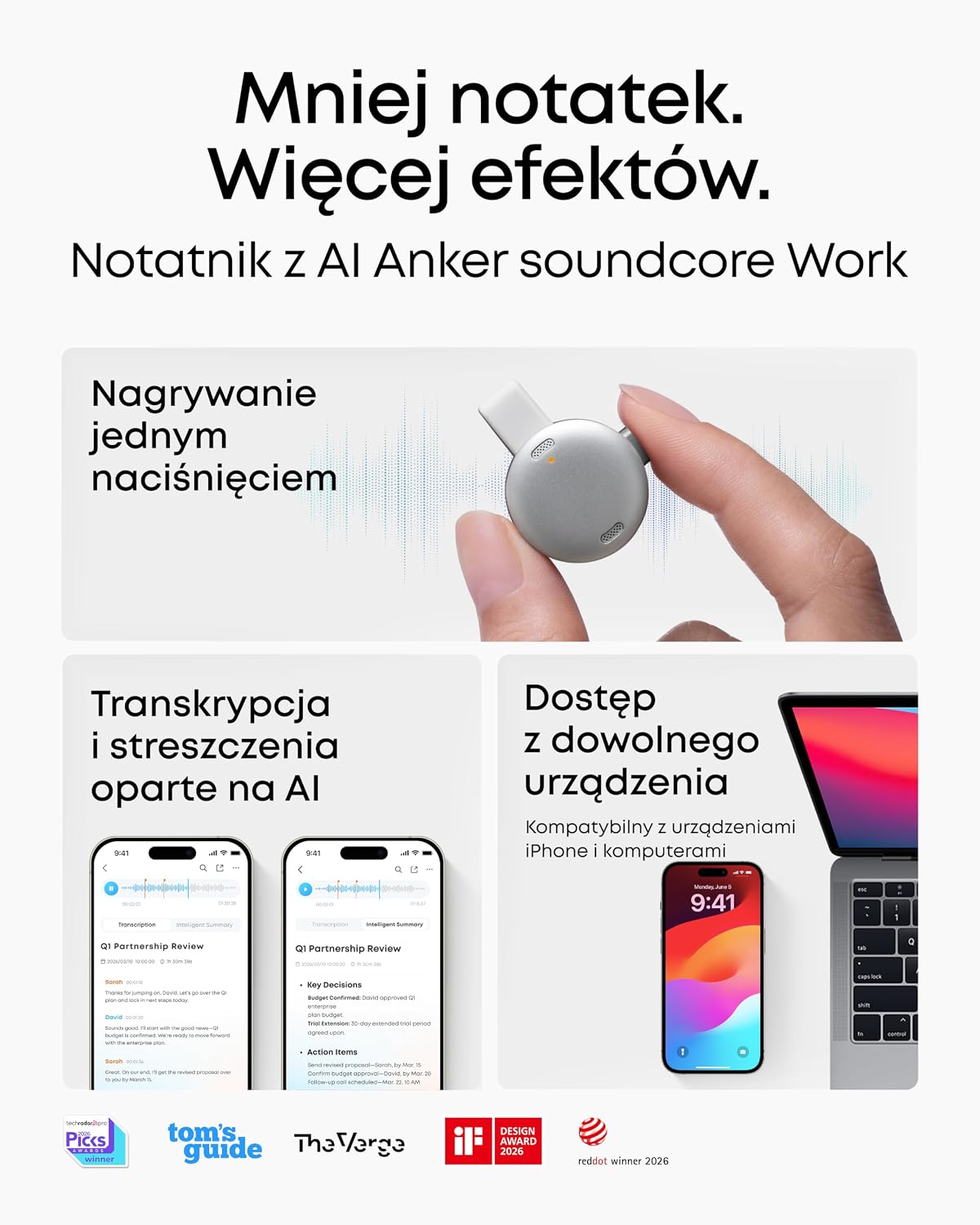 Detalle de soundcore Work – dyktafon 64 GB z transkrypcją AI i certyfikatem MFi