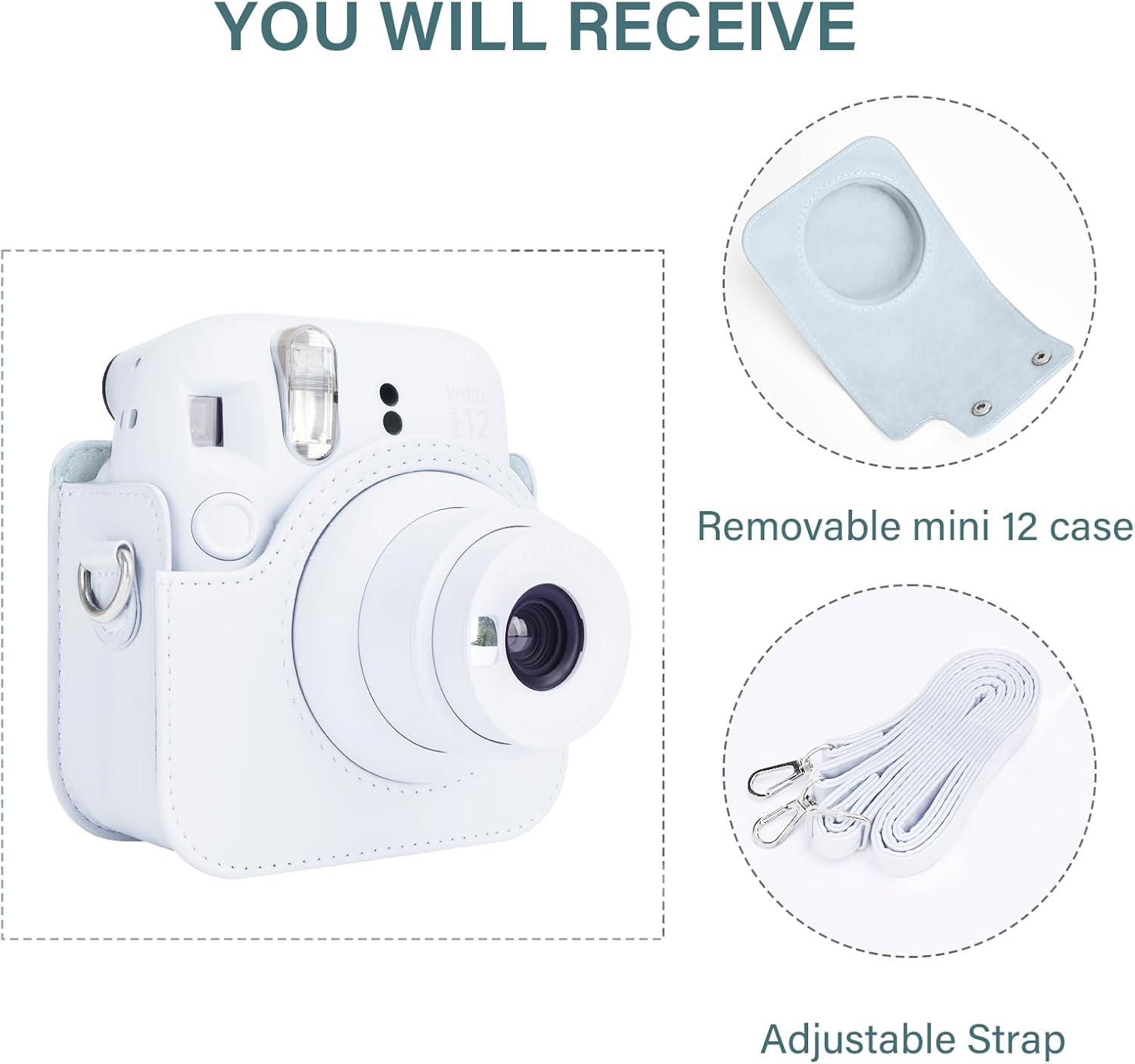 Thumbnail 1 de Rieibi Camera Case for Fuji Instax Mini 12 (White) – Crafted Fit with Front Panel, Strap and Back Pocket