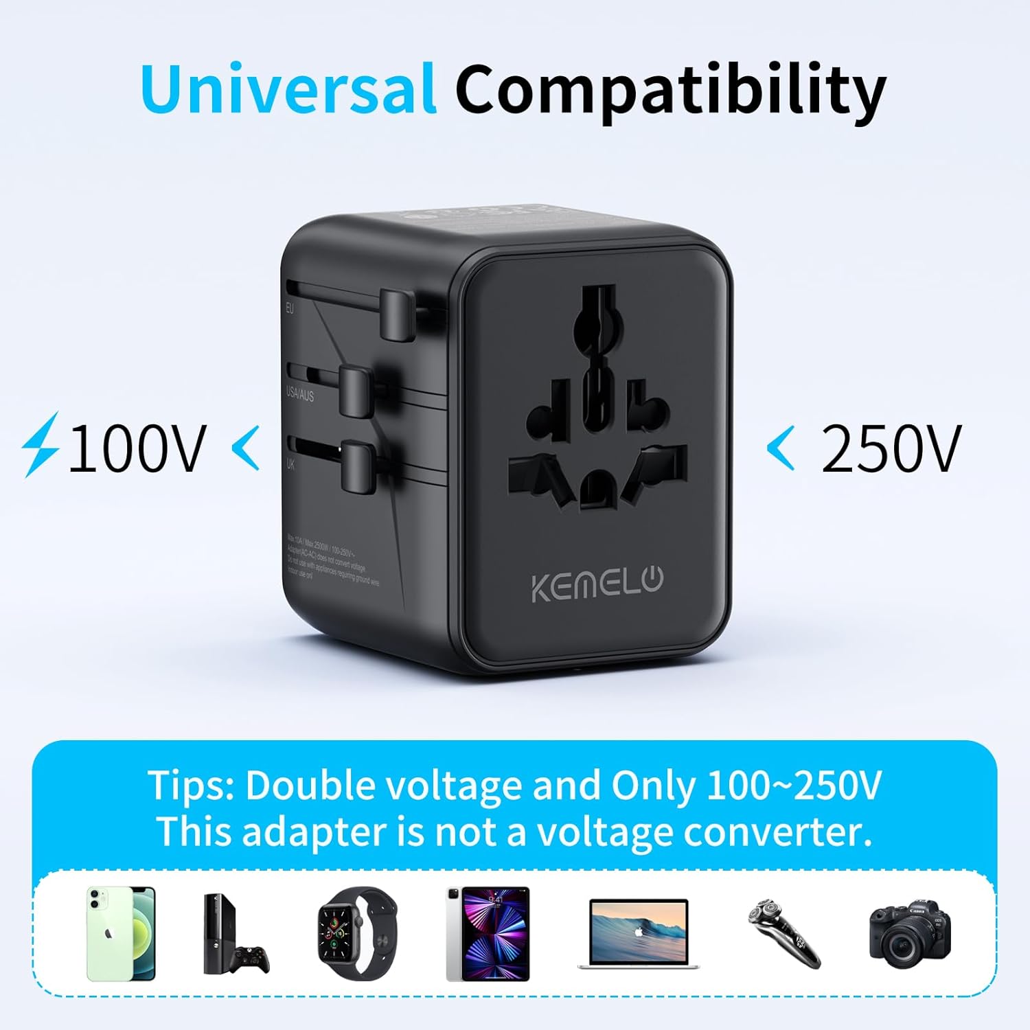Thumbnail 5 de 5-in-1 Reiseadapter Weltweit Universal Adapter mit USB A & USB C und 2 Steckdosen (für EU, USA, UK, Japan u. a.)