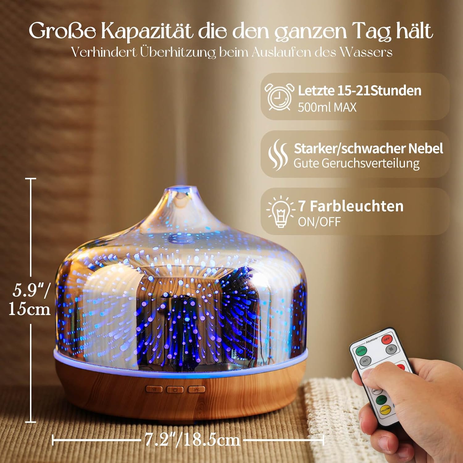 Detalle 2 de Porseme diffuseur d’arômes en verre 500 ml avec télécommande et LEDs