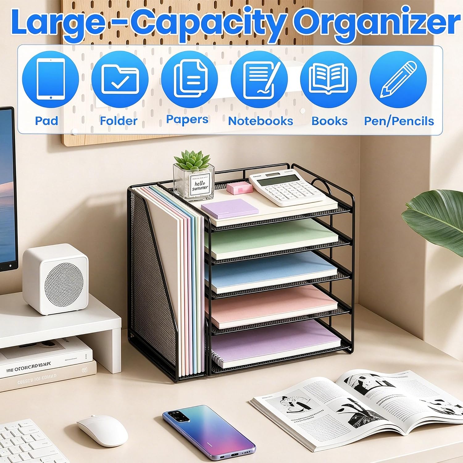 Detalle de OPNICE Desk Organizer, 5-Tier Metal Paper Tray, Black, 40 lb Capacity