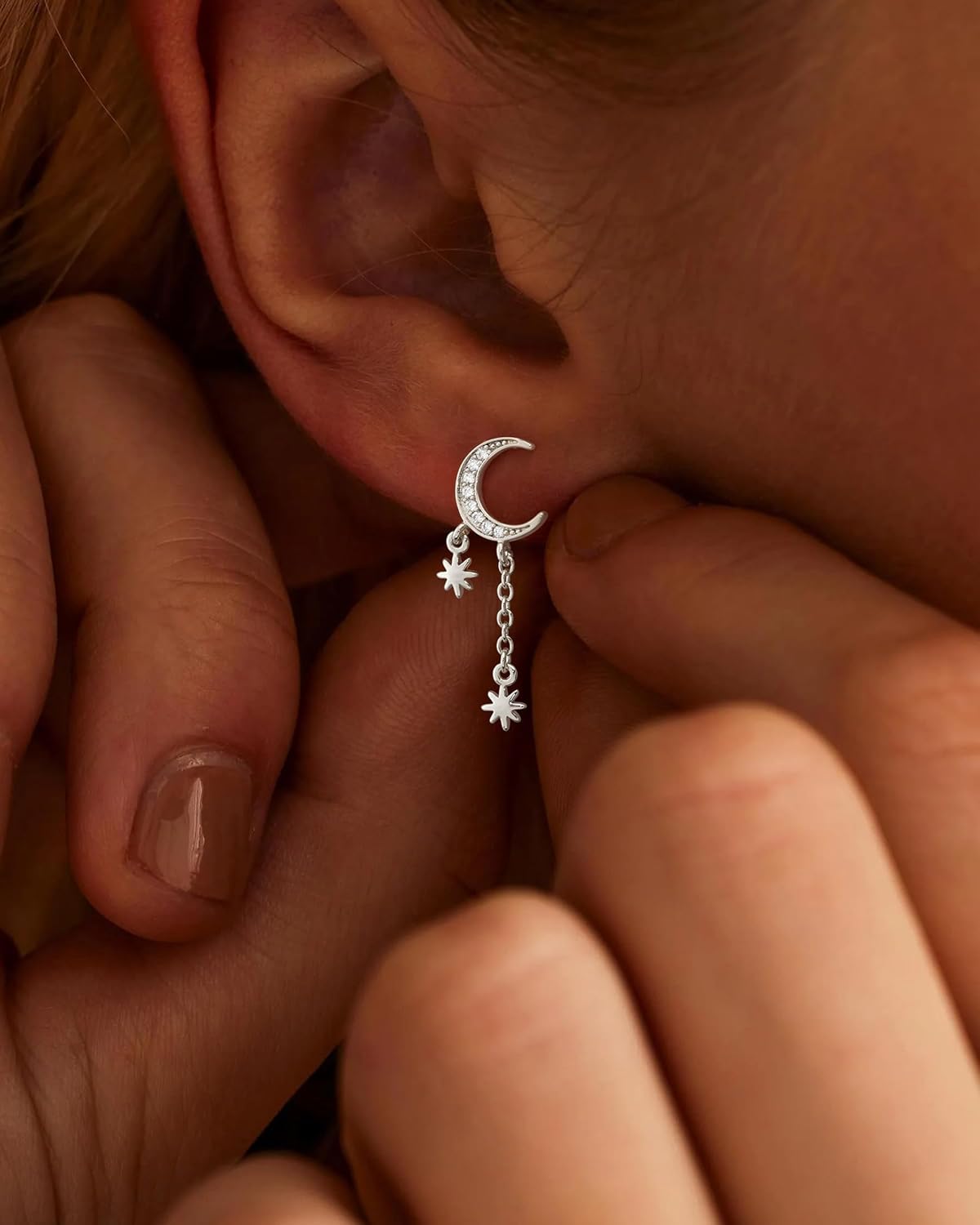 Detalle 2 de HANLI Silver Drop Earrings for Women – 14K Gold Plated Hypoallergenic Cubic Zirconia Moon & Star Statement Earrings