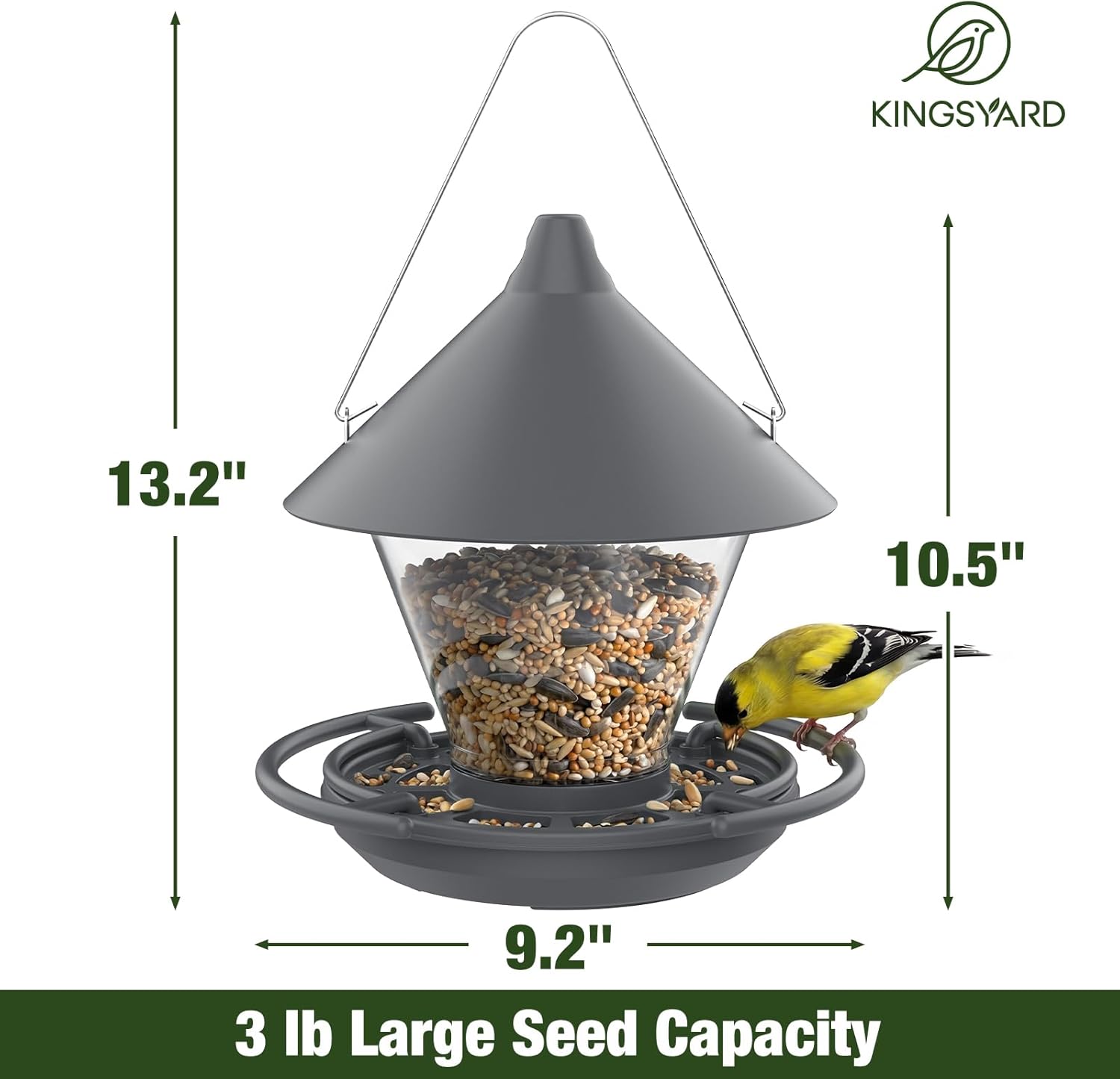 Detalle de Kingsyard Bird Feeder for Outdoors Hanging, 3 lb Large Capacity, No-Spill Tray & Built-in Perch (Grey)