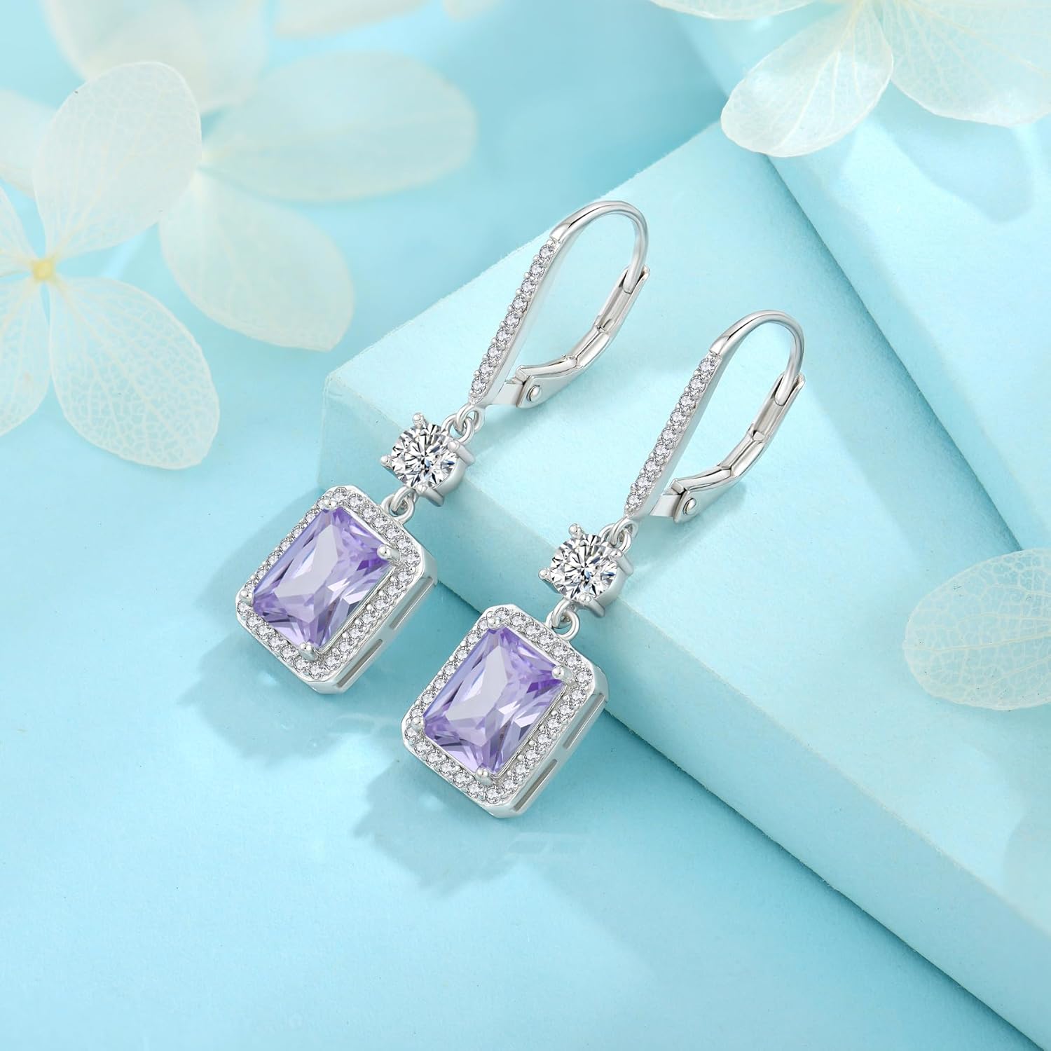 Thumbnail 4 de FJ Rectangular Cut Birthstone Drop Earrings in 925 Sterling Silver (Leverback)