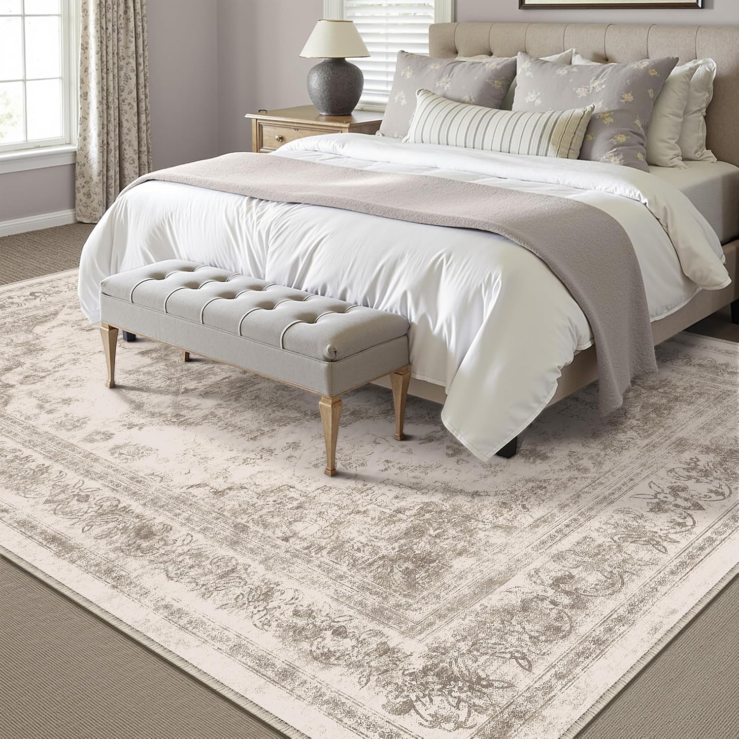 Detalle 2 de HUGEAR Vintage waschbarer Teppich 300x400 kurzflor in Beige – rutschfest für Wohnzimmer & Schlafzimmer