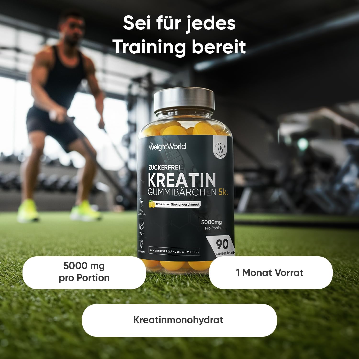 Detalle 2 de WeightWorld Creatin Monohydrat Gummibärchen (5.000 mg pro Portion) – zuckerfreie vegane Kreatin-Gummis mit Zitronengeschmack