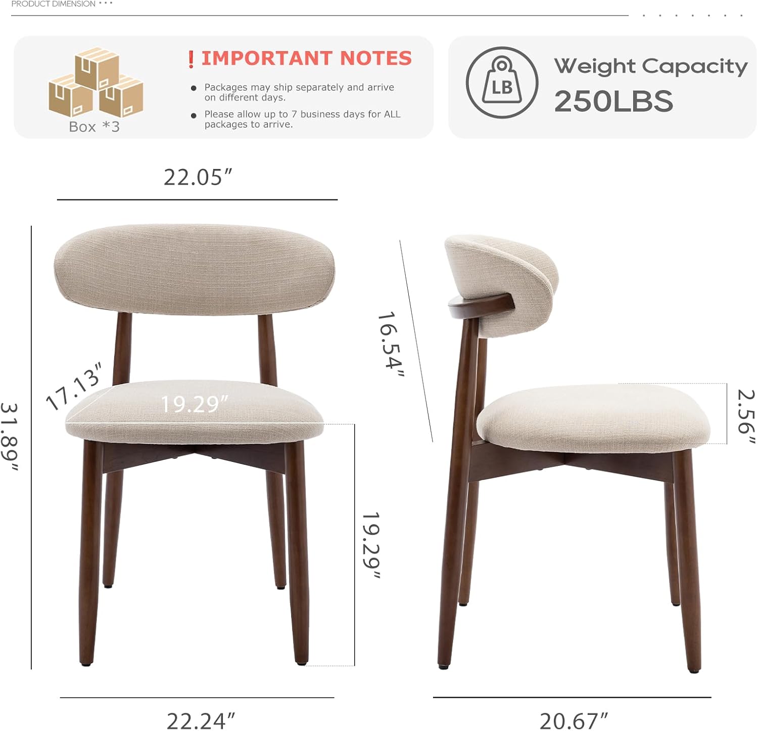 Detalle de COLAMY D6270US Wooden Dining Chairs, Set of 6, Beige Fabric, Rubberwood
