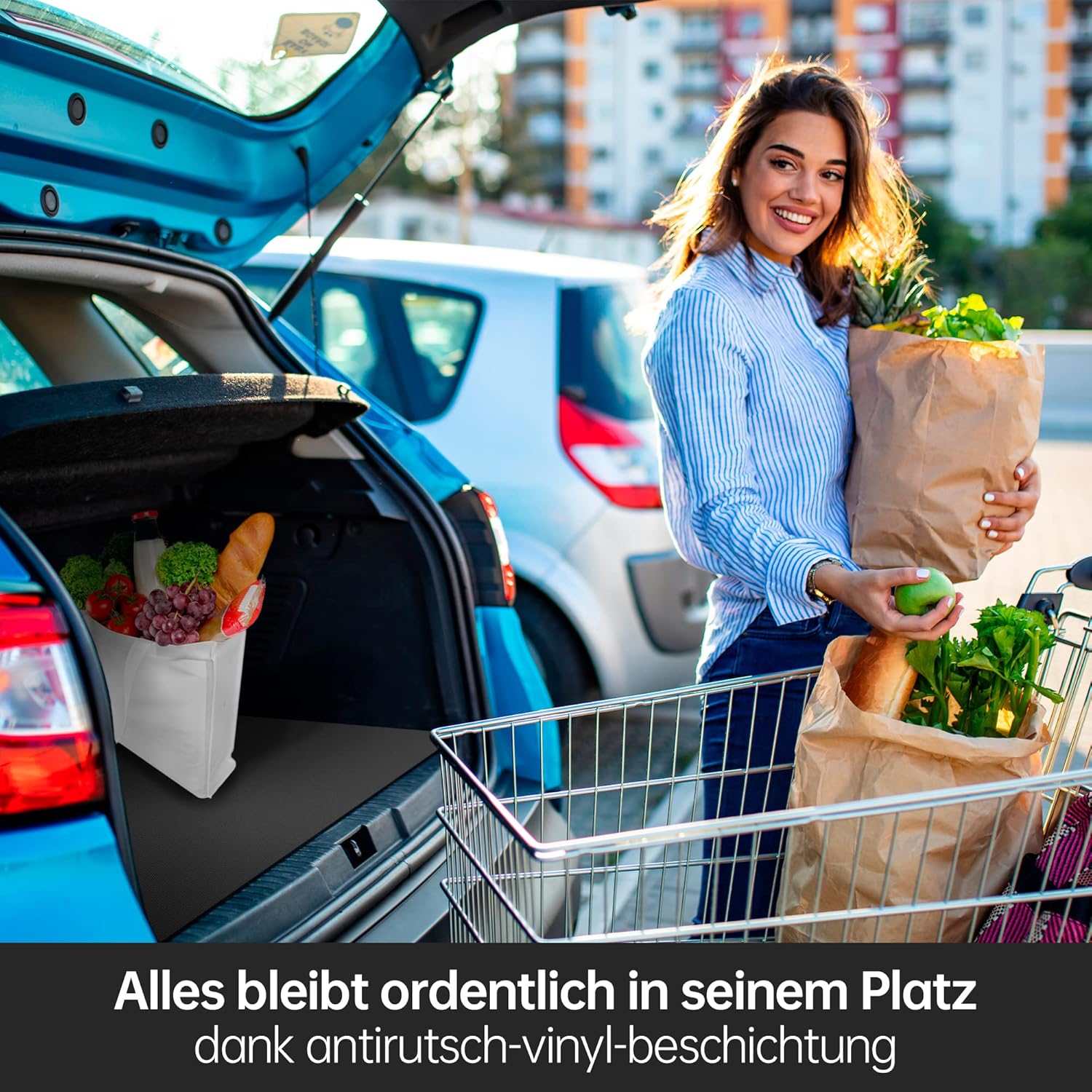 Detalle 2 de HAYATEC Universal Antirutschmatte für den Autokofferraum (120 x 100 cm) – rutschfeste, wasserdichte Gummimatte zum Zuschneiden