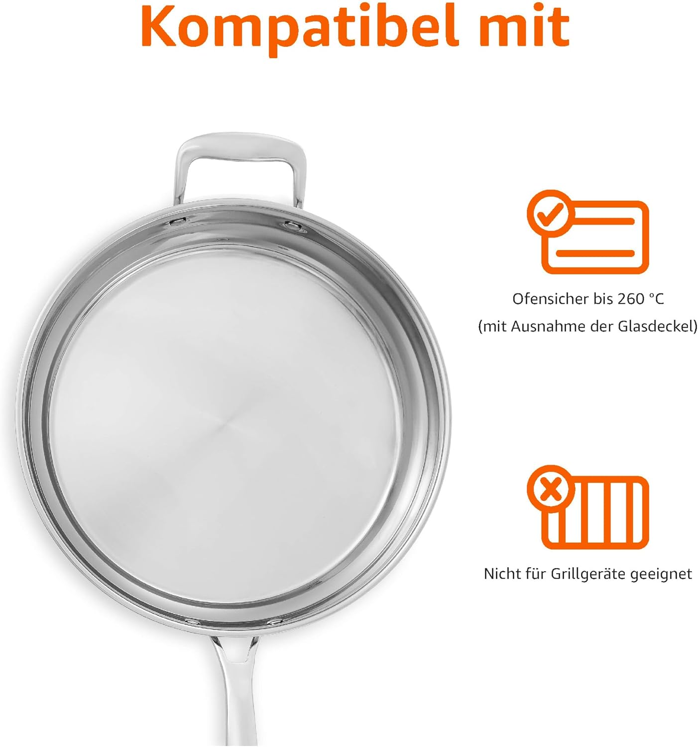 Detalle de Amazon Basics Kochgeschirr-Set, Edelstahl, 15 Stk. – Pfannen, Töpfe und Utensilien
