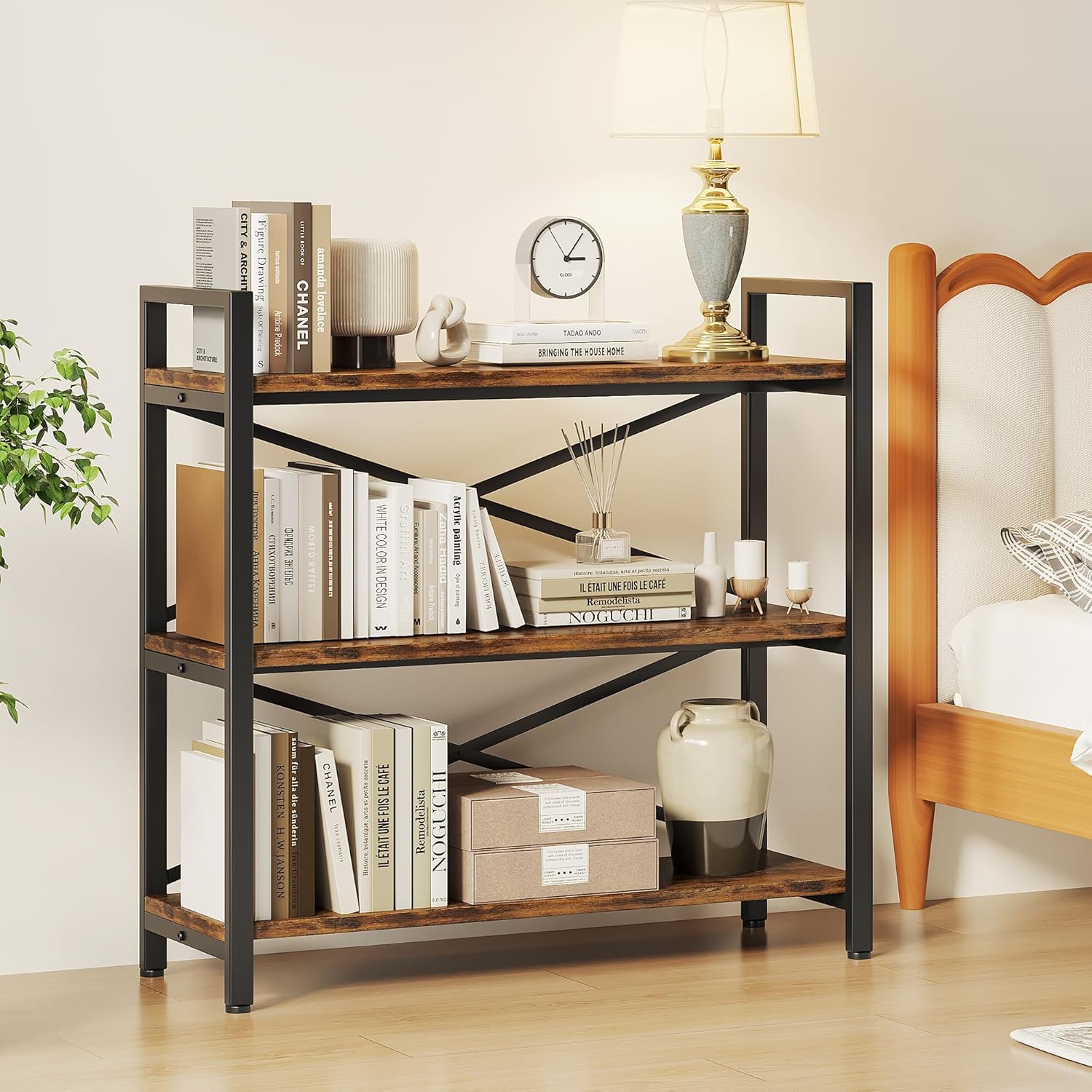 Thumbnail 3 de 3-Tier Bookshelf 31.49" Width Wood & Metal Etagere Bookcase (Rustic Brown) — 3-tier storage rack