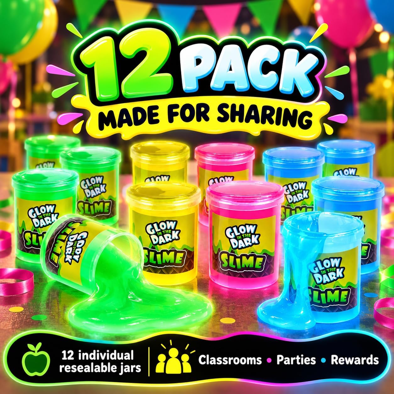 Detalle de Playbees Glow in the Dark Slime Kit, 12-Pack Party Favors in Four Colors