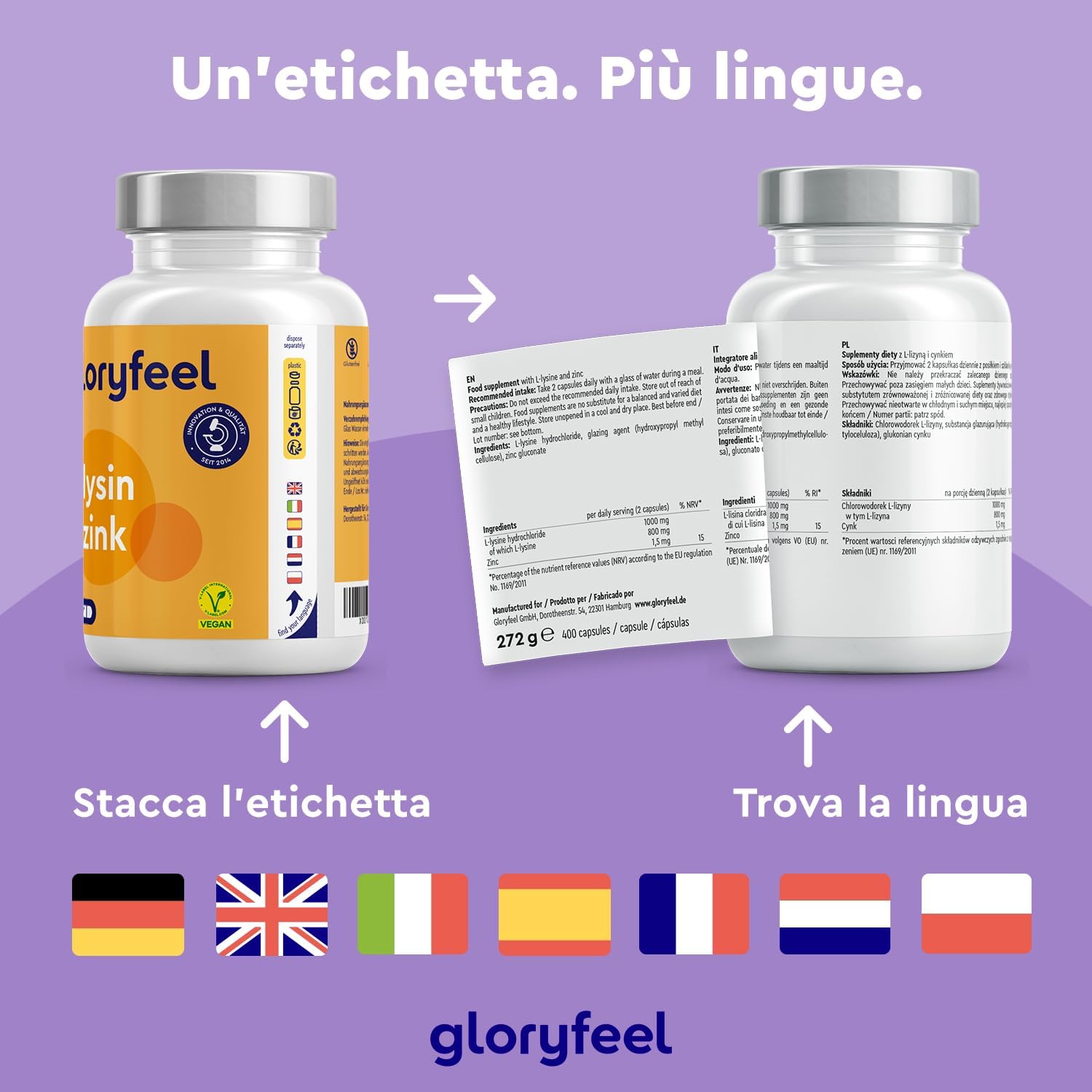 Thumbnail 4 de Gloryfeel L-Lisina 1000 mg + Zinco 1,5 mg, 400 Capsule: Alto Dosaggio Vegano da Fermentazione Vegetale