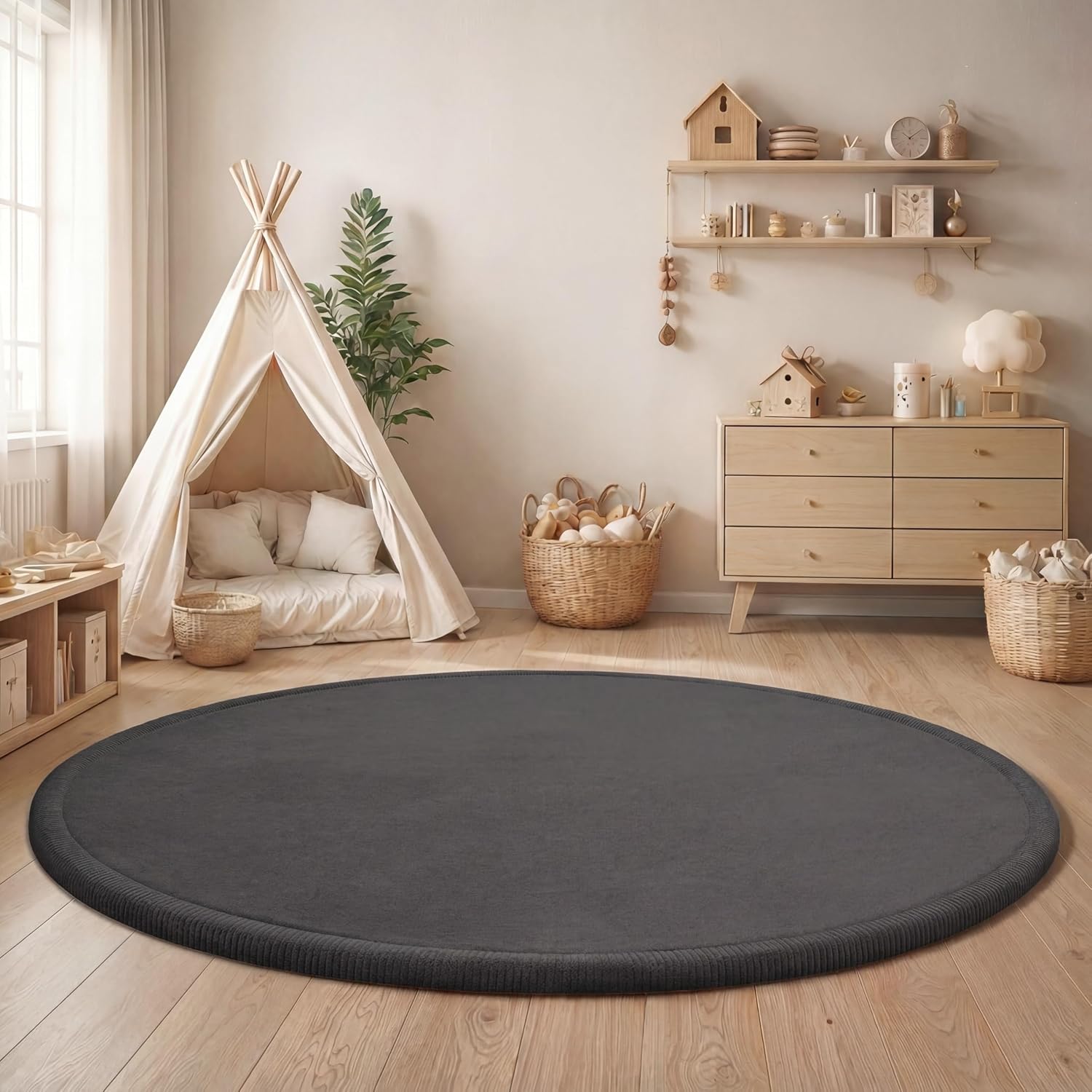 Thumbnail 1 de Paco Home Kinderzimmer Teppich rund 200 cm Anthrazit – 20 mm Flor, rutschfest für Baby & Krabbeldecke