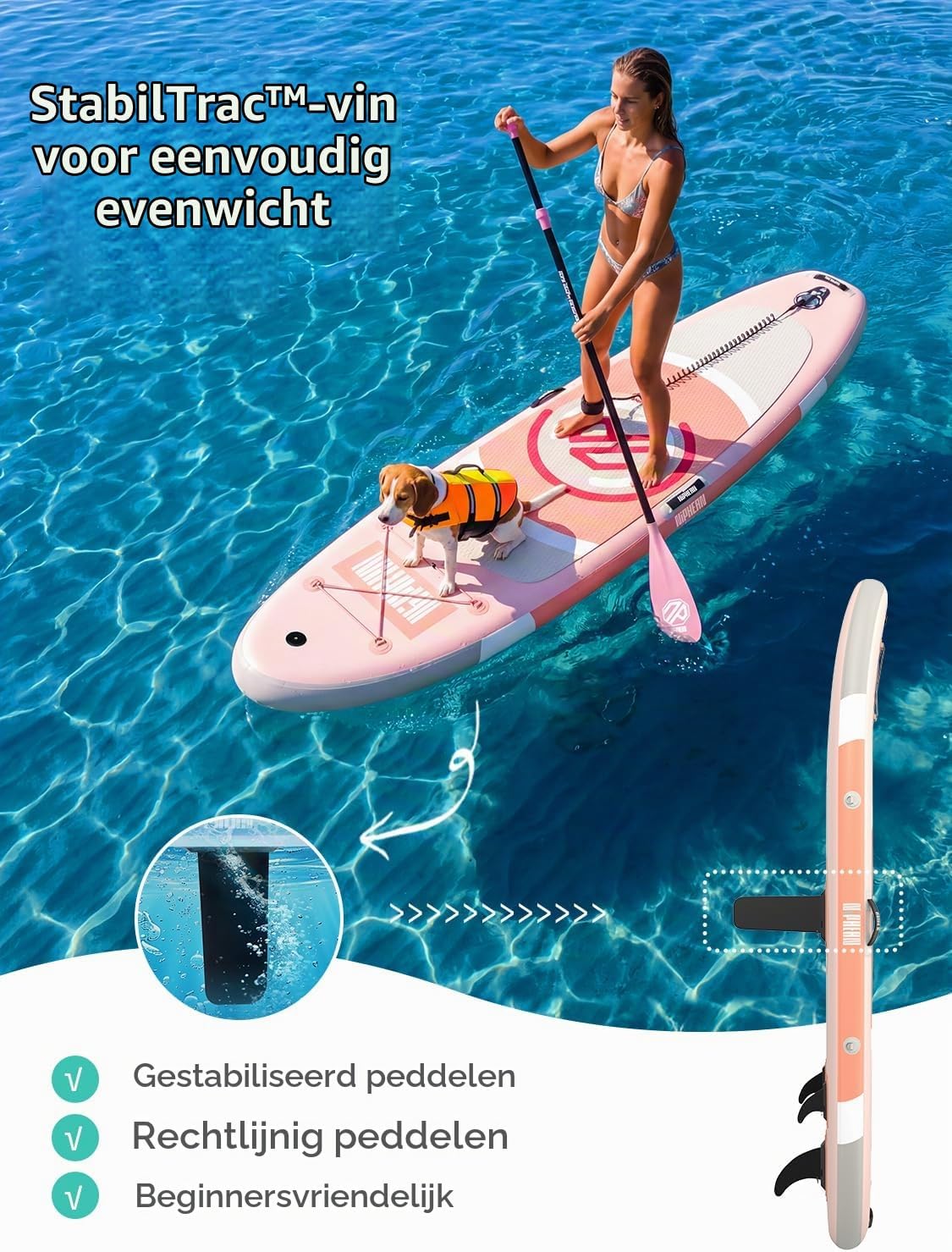 Detalle de Niphean SUPNPIT305 opblaasbaar SUP-board met zitje en StabilTrac-vin