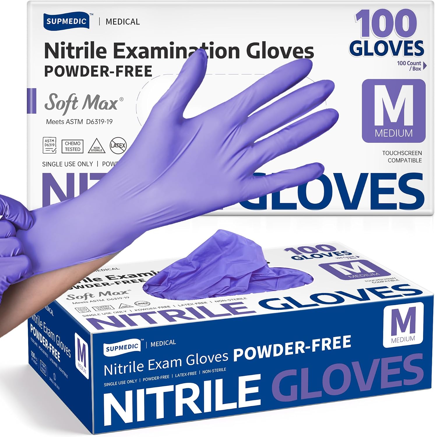 Detalle de Supmedic Soft Max Nitrile Exam Gloves, Powder-Free Violet, 100 Count
