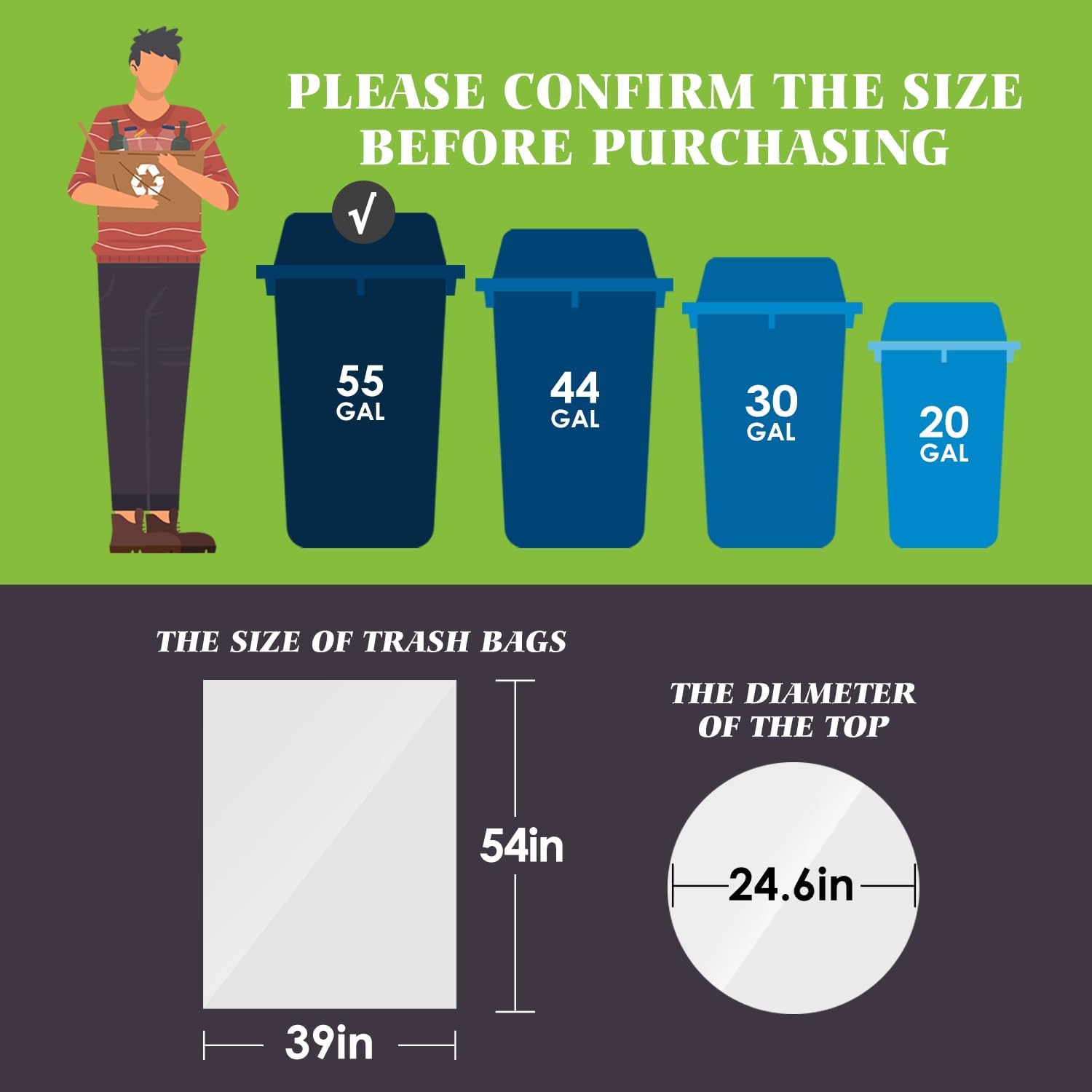 Detalle 2 de Teivio 55–60 Gallon Trash Bags, 75 Count, Star-Seal Bottom, 39 x 54 in.