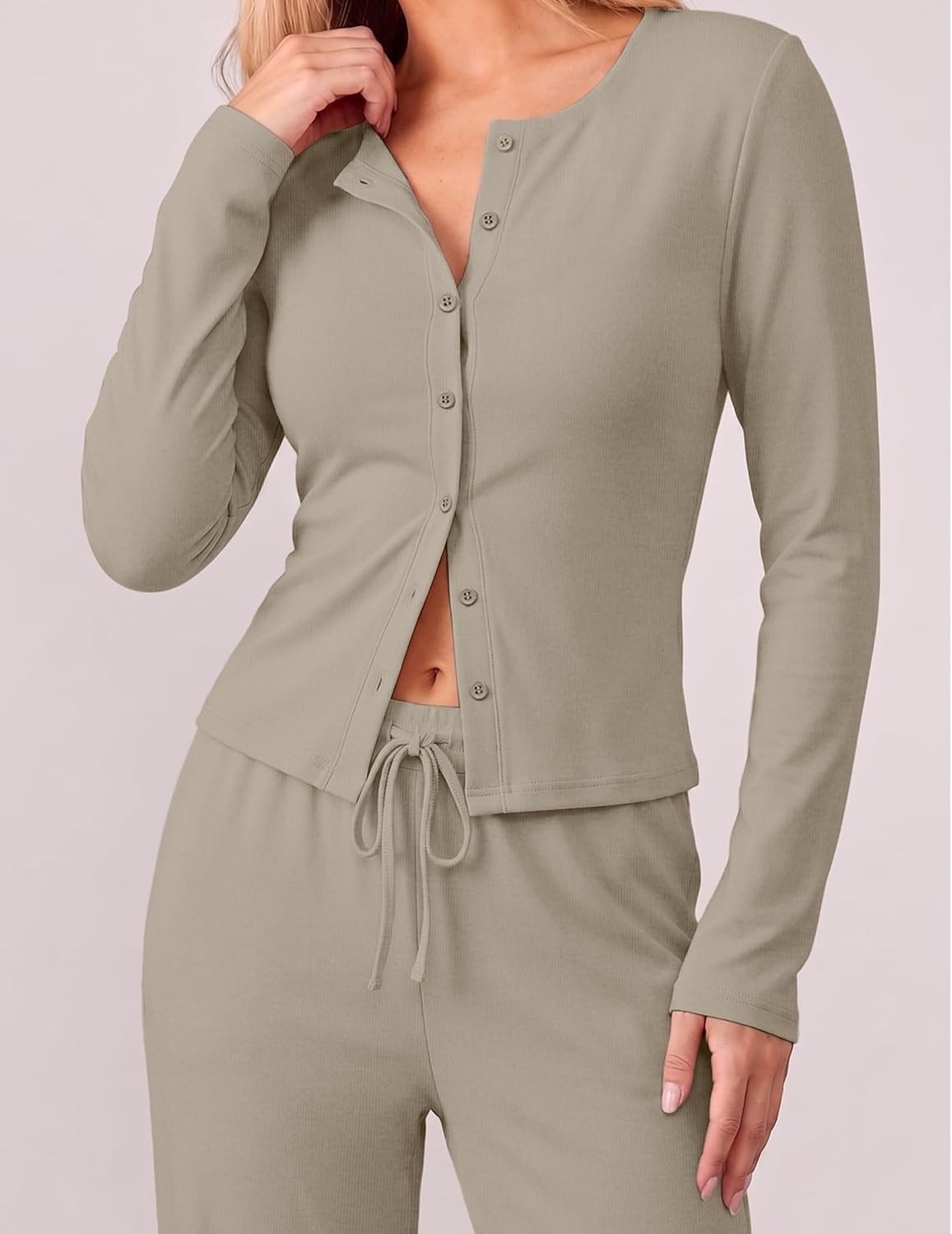 Detalle de Sampeel Women's Two-Piece Lounge Set with Button-Front Top and Wide-Leg Pants