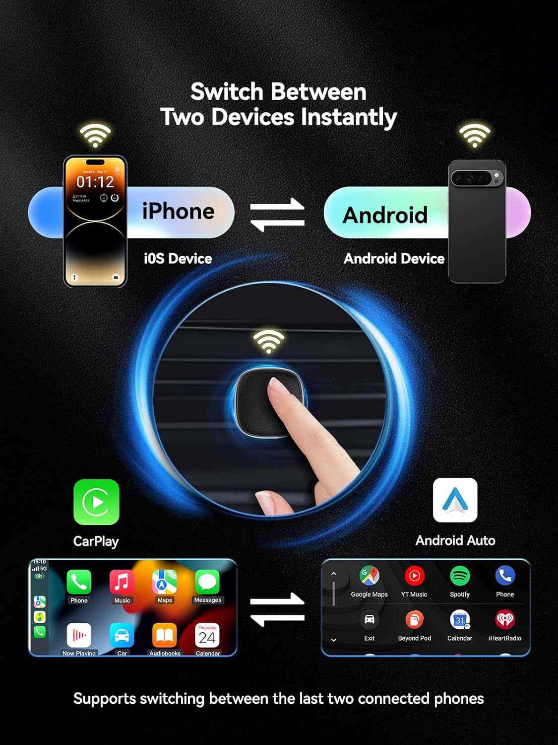 Thumbnail 2 de Spedal USB-C Wireless CarPlay & Android Auto Adapter – 2026 Upgraded with One-Button Dual Phone Switching
