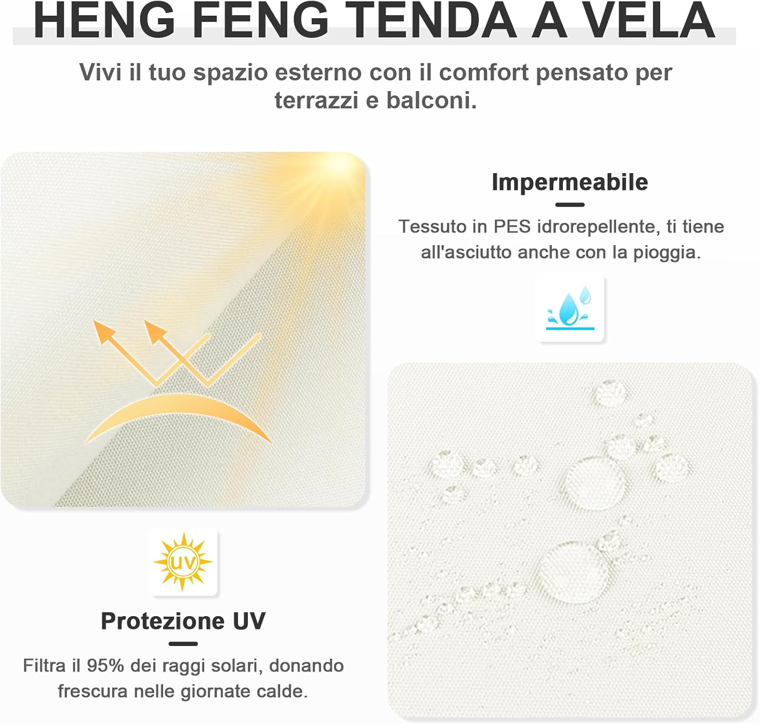 Thumbnail 2 de HENG FENG Tenda a Vela Impermeabile Rettangolare 3x4 m in tessuto beige con protezione UV per esterno