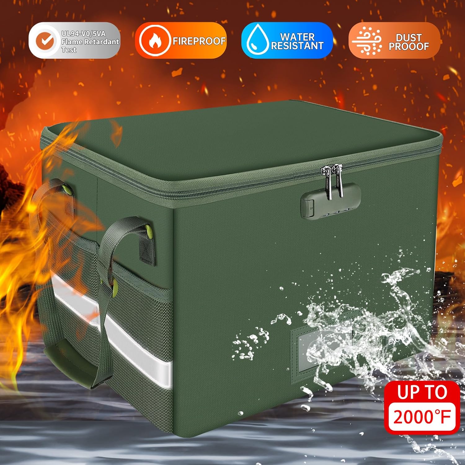 Detalle de ENGPOW EG0021 Fireproof File Box with Combination Lock, Collapsible, Green