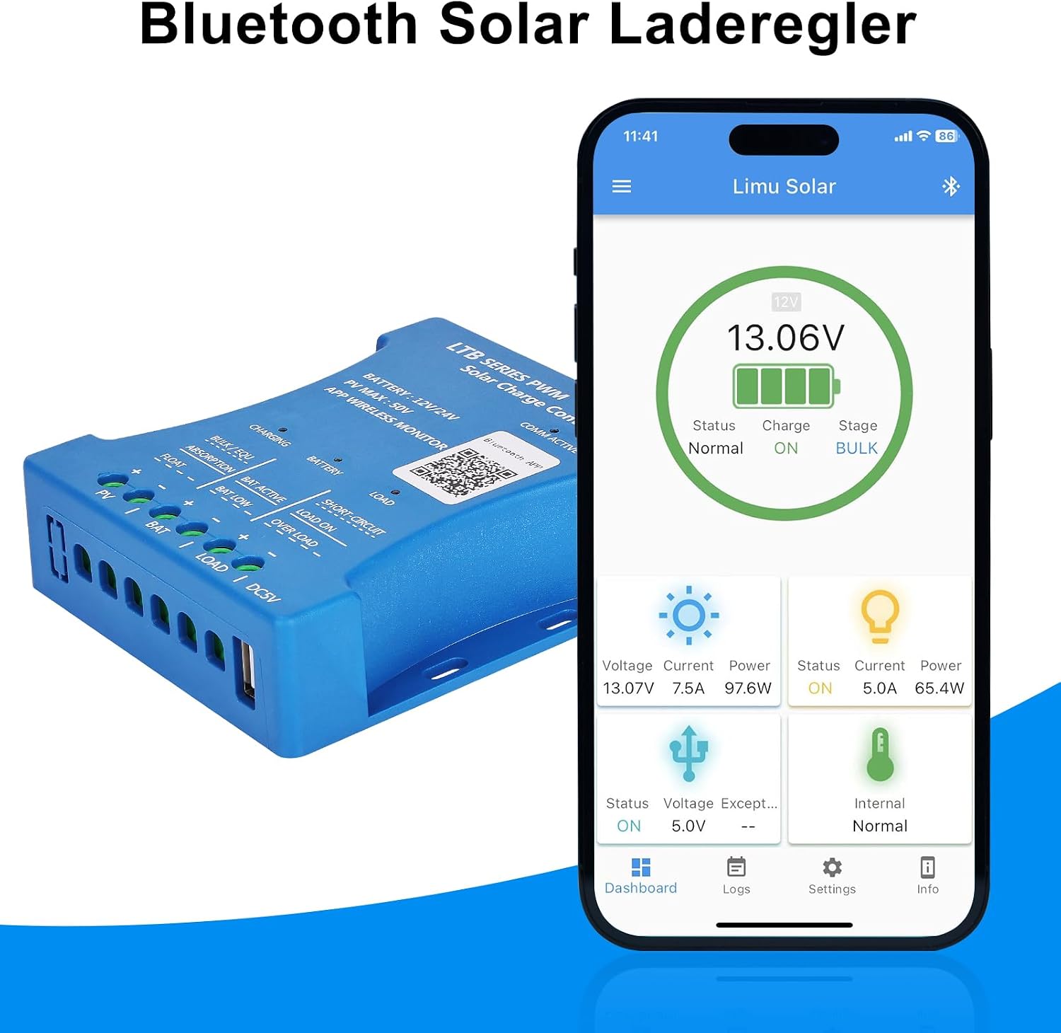 Detalle de KWODE KWODE023 PWM-zonnelaadregelaar 20 A met Bluetooth en USB