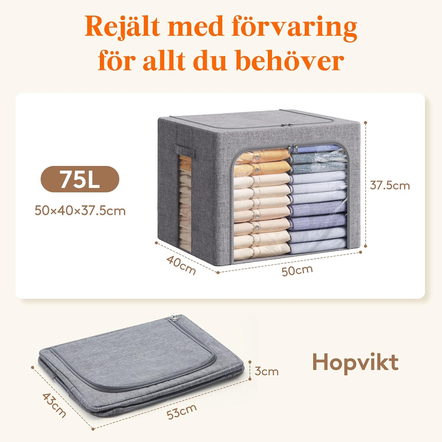 Detalle de Lifewit 23224 klädförvaringslådor med metallram, 75 liter, 3-pack