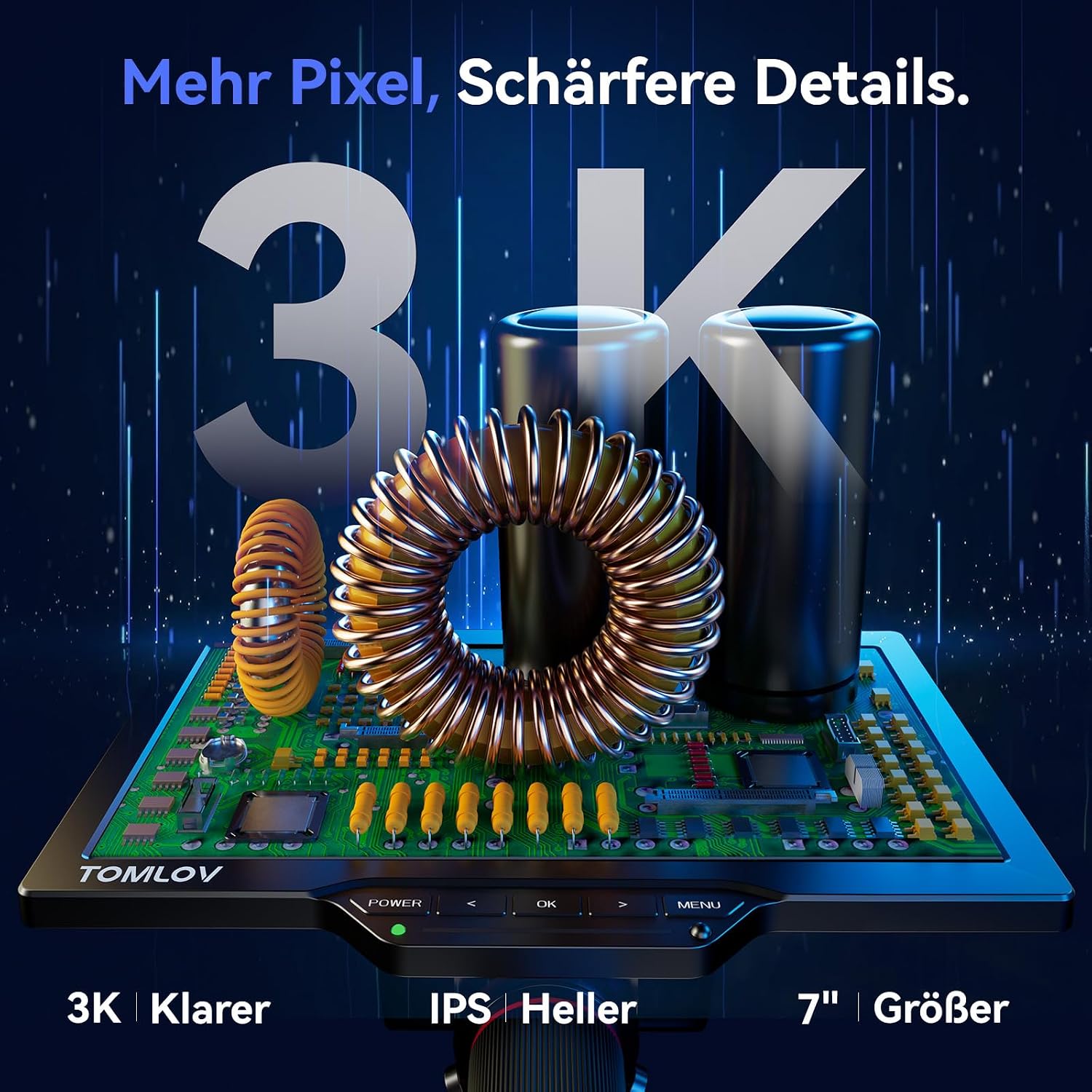 Detalle de TOMLOV TM3K-3D HDMI Digitalmikroskop mit magnetischen Dual-Linsen – 3K Video, 38MP Fotos, 7" IPS Display