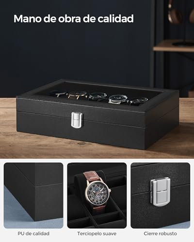 Detalle de SONGMICS JWB12B: Caja de relojes con 12 compartimentos, tapa de cristal y cojines extraíbles