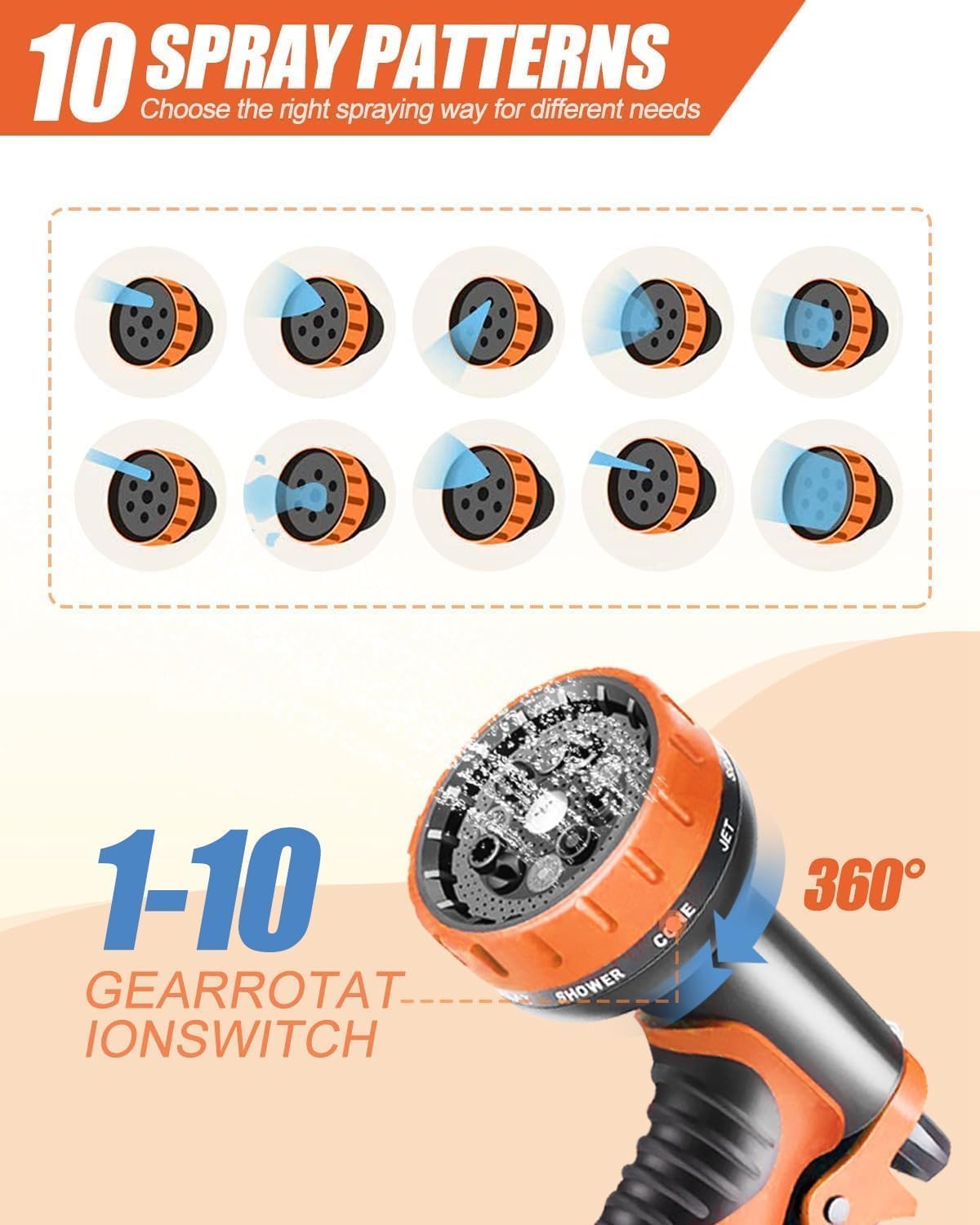 Detalle 2 de Expandable 150FT/45M Garden Hose with 10-Pattern Spray Nozzle and No-Kink Triple-Layer Latex Core (3/4", & 1/2",)