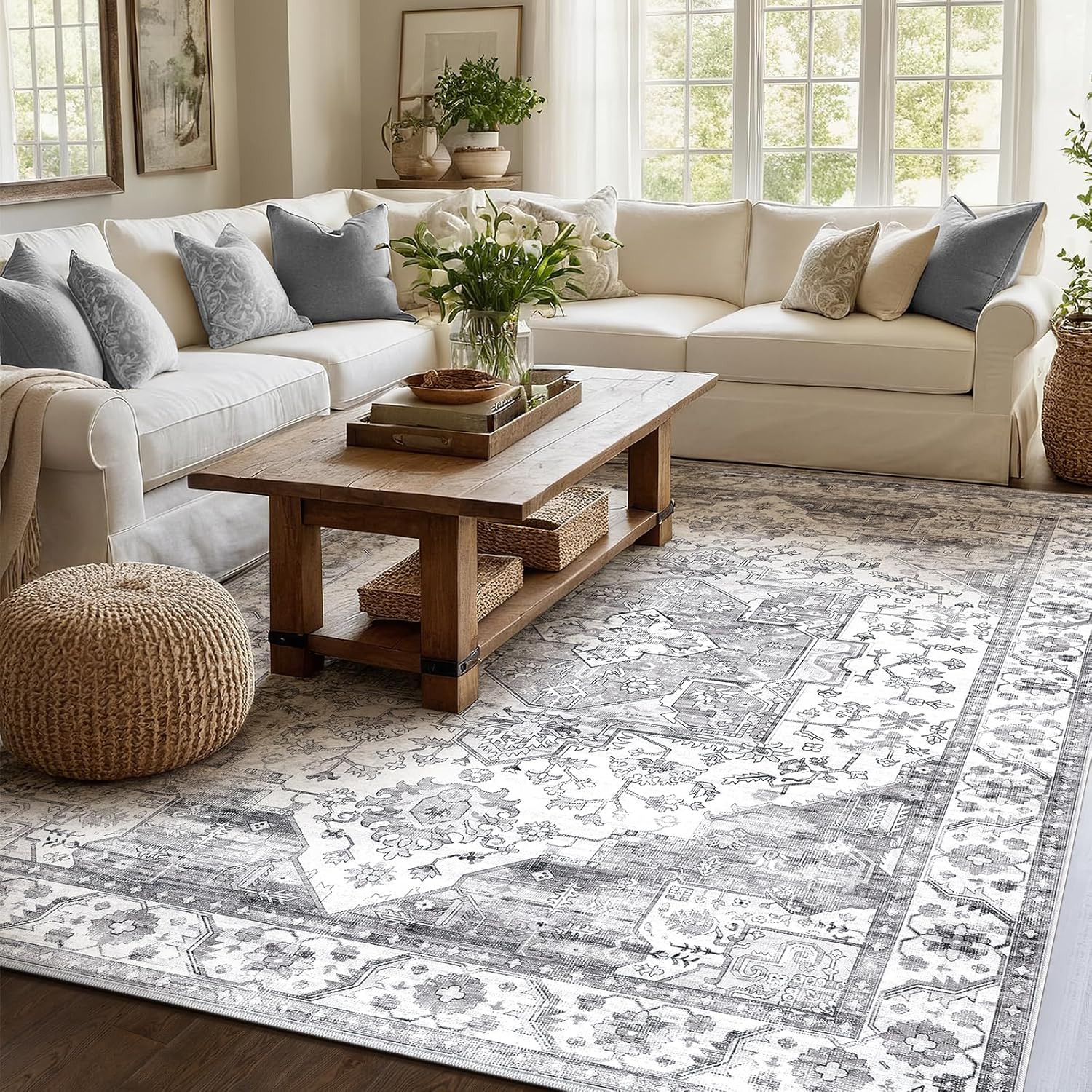 Thumbnail 4 de XSIVOD Grey Area Rug 240 x 300 cm – Washable, Non-Slip Vintage Floral Rug for Living Room