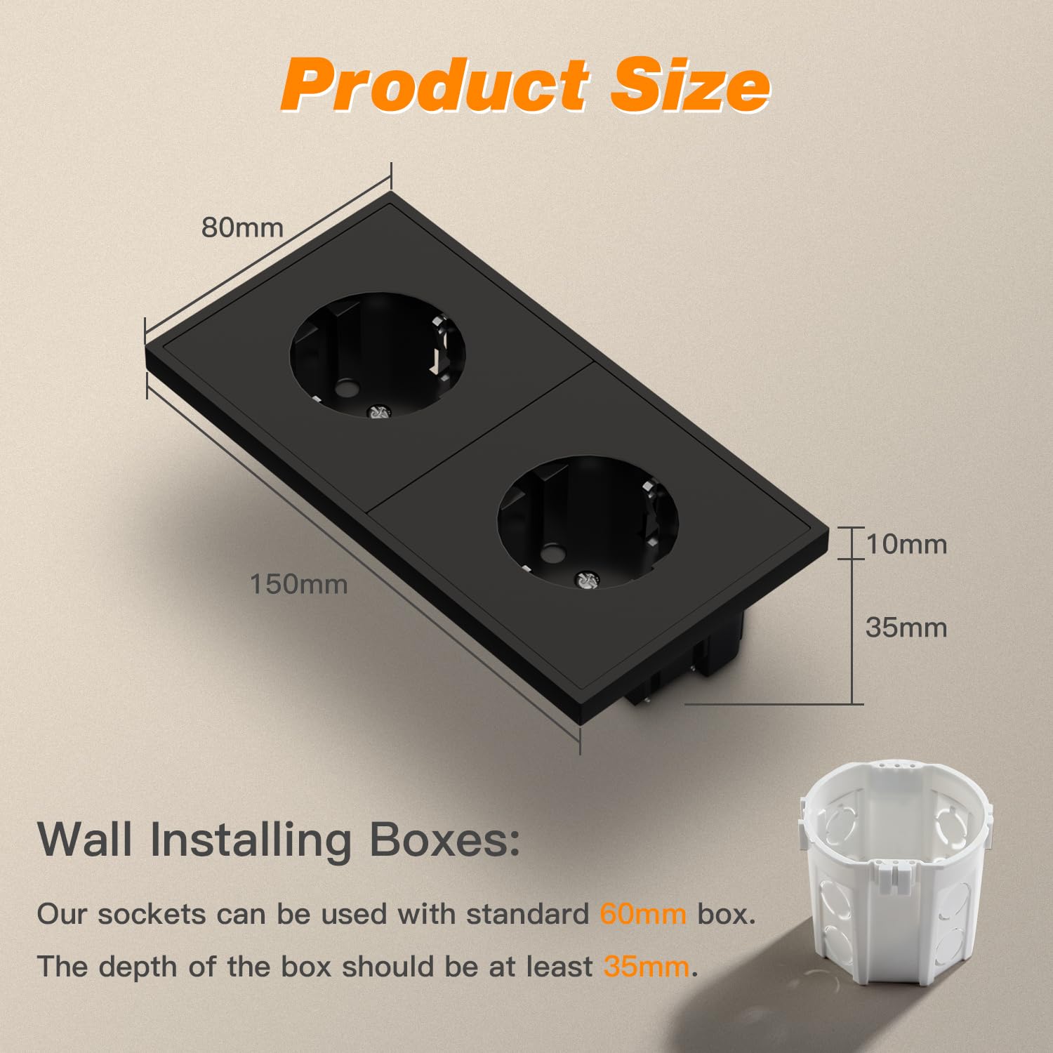 Detalle 2 de MVAVA Schwarz 2-Fach Unterputz EU Schuko Steckdose – 80x150 mm, 3-Draht