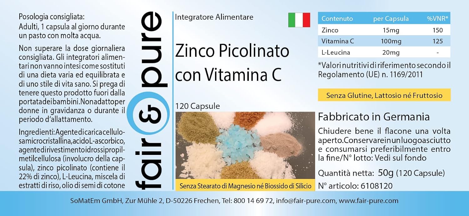 Detalle 2 de Fair & Pure Zinkpicolinat 15 mg mit Vitamin C – 120 Kapseln, vegan & schluckfreundlich
