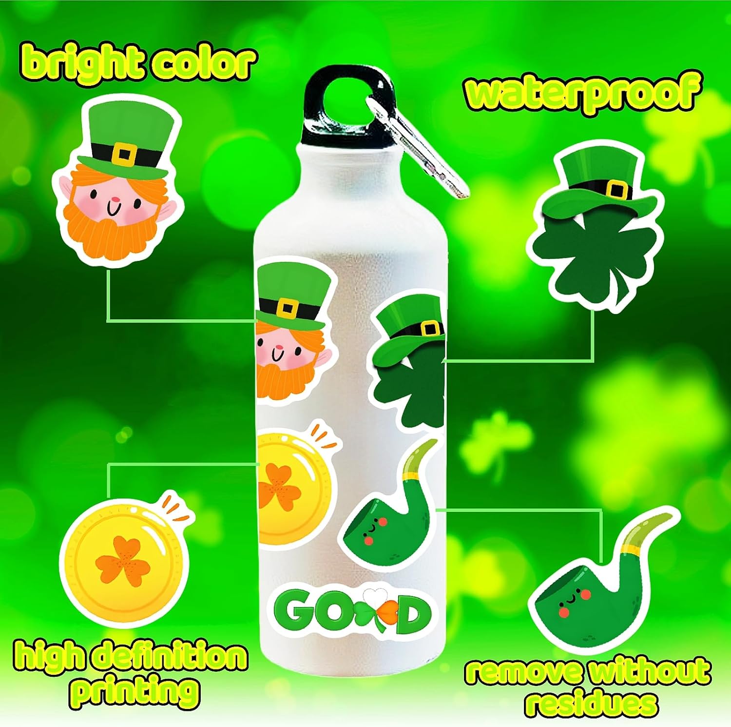 Thumbnail 3 de 300PCS St. Patrick’s Day Stickers for Kids — Waterproof Vinyl Irish Shamrock Stickers (PVC) for Water Bottles, Laptops & Crafts