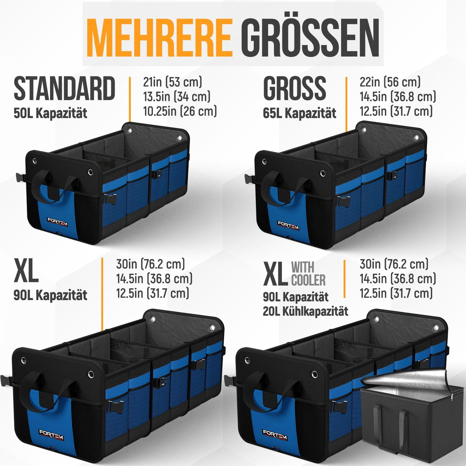 Detalle de FORTEM Kofferraum Organizer (blau, extragroß) – zusammenklappbare Kofferraumtasche mit Fächern