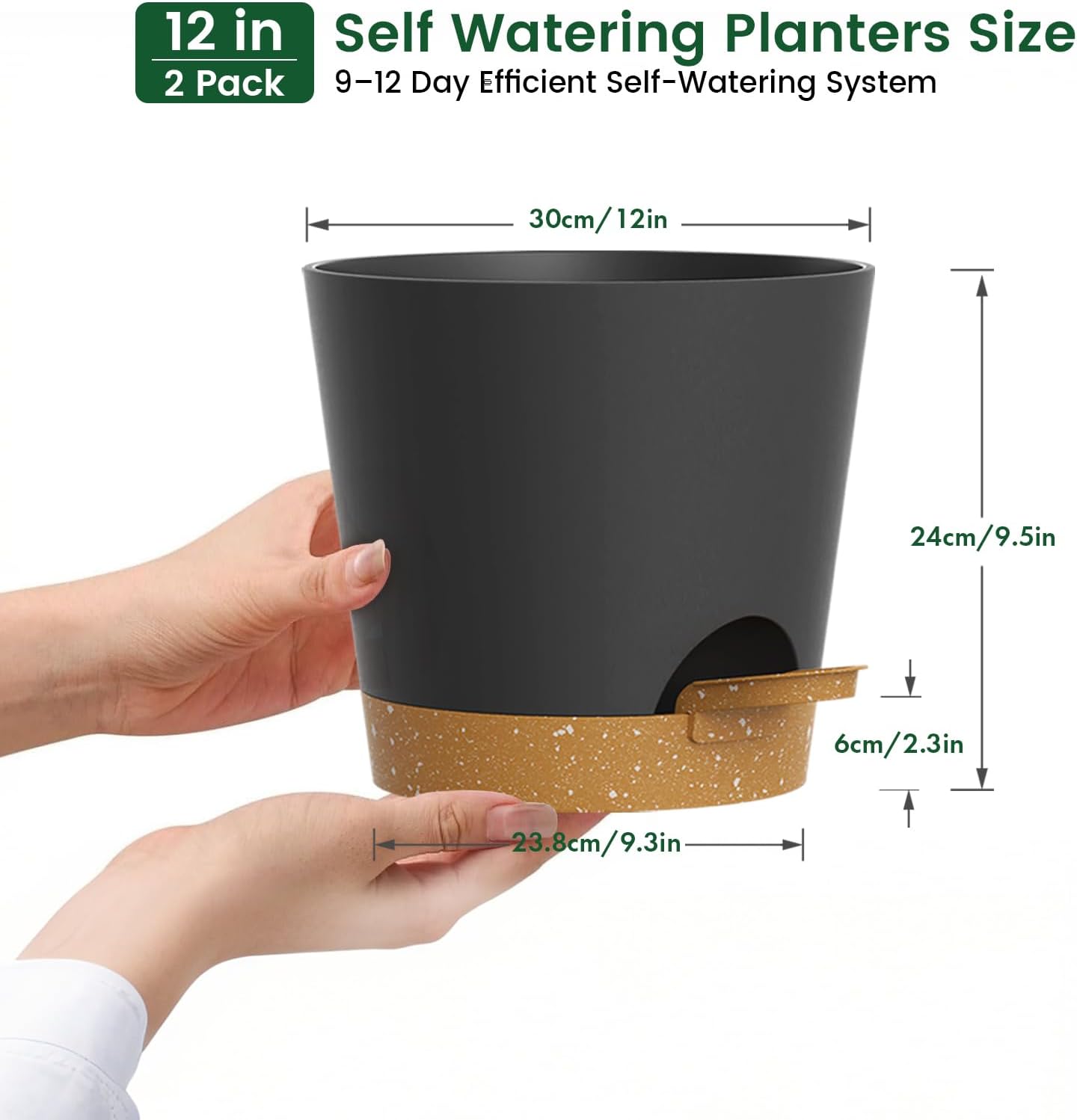 Thumbnail 1 de WSMKSZ 30 cm Large Self Watering Plant Pots – 2 Pack with Drainage Holes & Deep Reservoirs (Cotton Wick) in Black/Brown