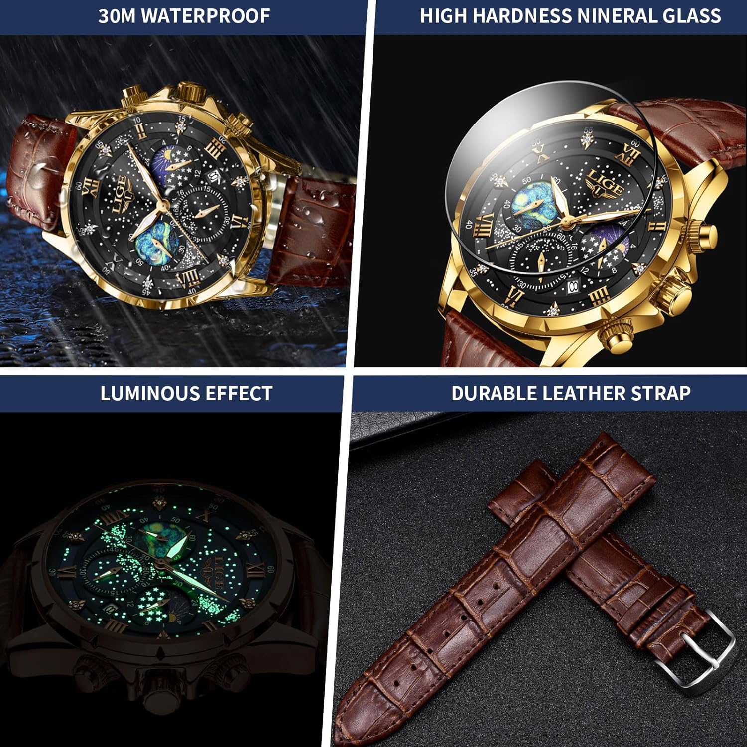 Thumbnail 3 de LIGE Orologio da uomo cronografo al quarzo impermeabile con fasi lunari, data luminosa