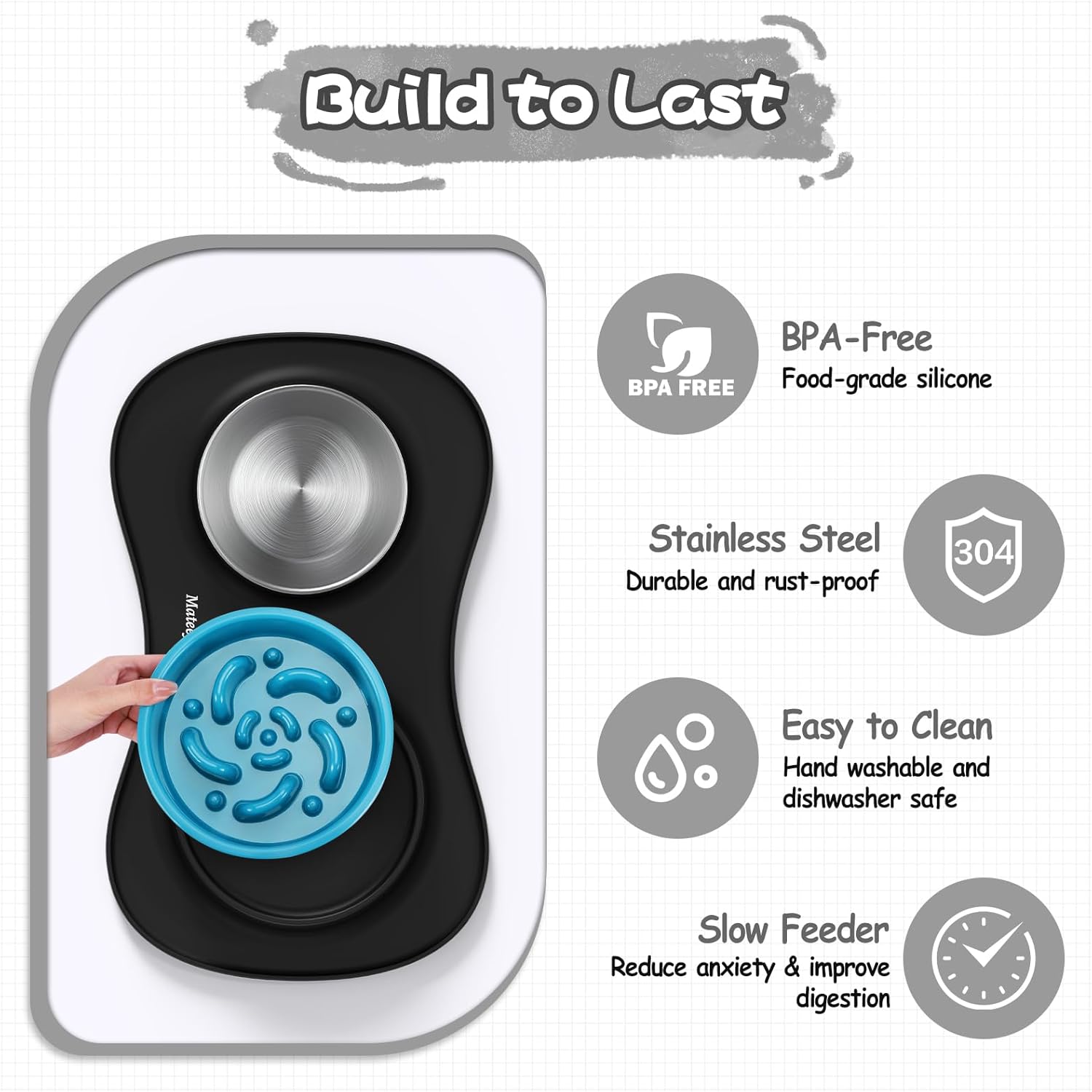 Thumbnail 5 de MateeyLife Dog Bowl Slow Feeder Set 3 in 1 (Stainless Steel Bowls & Non-Spill Silicone Mat)