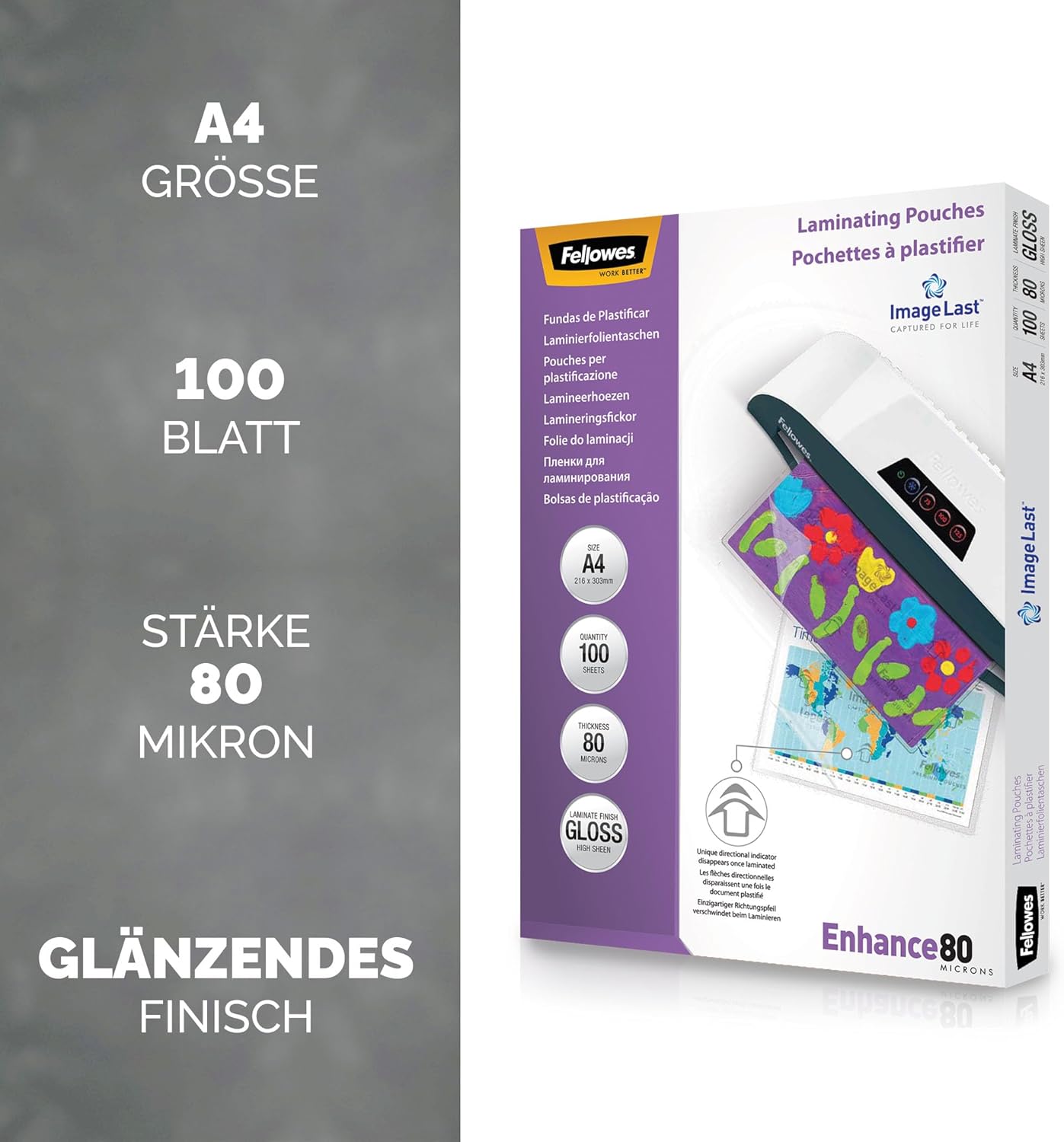Thumbnail 1 de Fellowes Laminierfolien A4 ImageLast, 80 Mikron – 100 Stück, glänzend, mit Ausrichtungshilfe