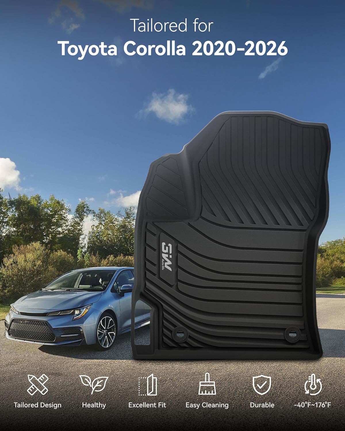 Thumbnail 1 de 3W Floor Mats for 2020–2026 Toyota Corolla Sedan: Custom-Fit All-Weather Floor Liners