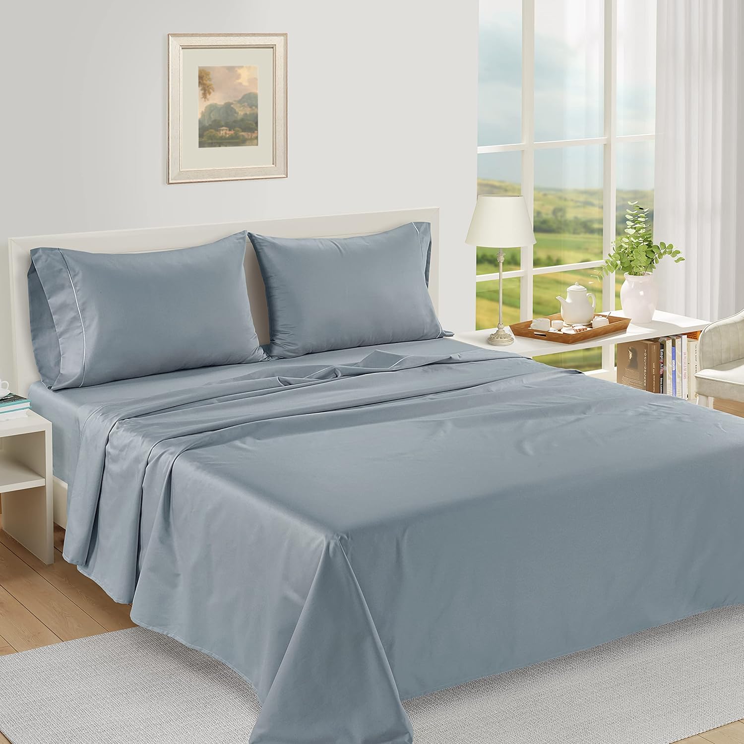 Thumbnail 1 de LANE LINEN 1000TC4PCSOECKSS-FBL King Sheet Set, 1000 TC Egyptian Cotton