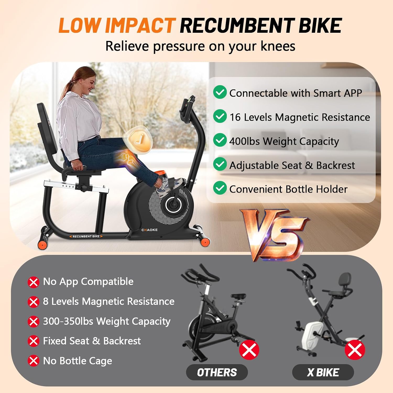 Detalle 2 de CHAOKE Recumbent Exercise Bike, 16-Level Magnetic Resistance, App Compatible