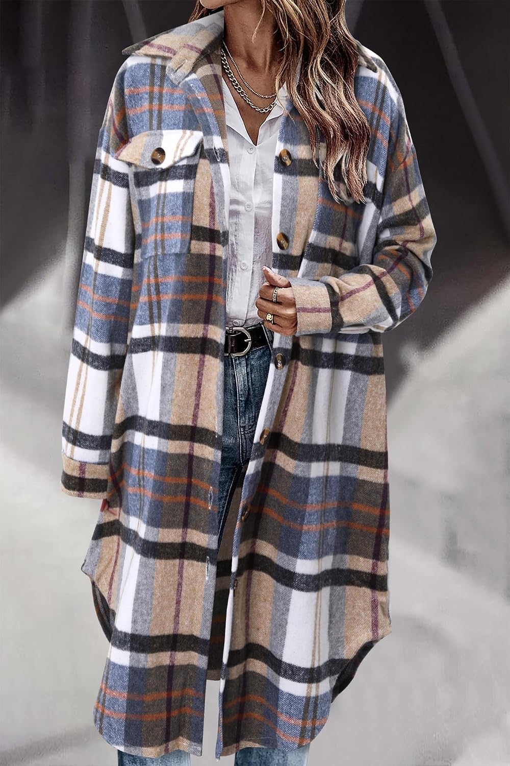 Detalle 2 de onlypuff Women's Plaid Long Shacket, Flannel Jacket with Lapel and Button-Down Front