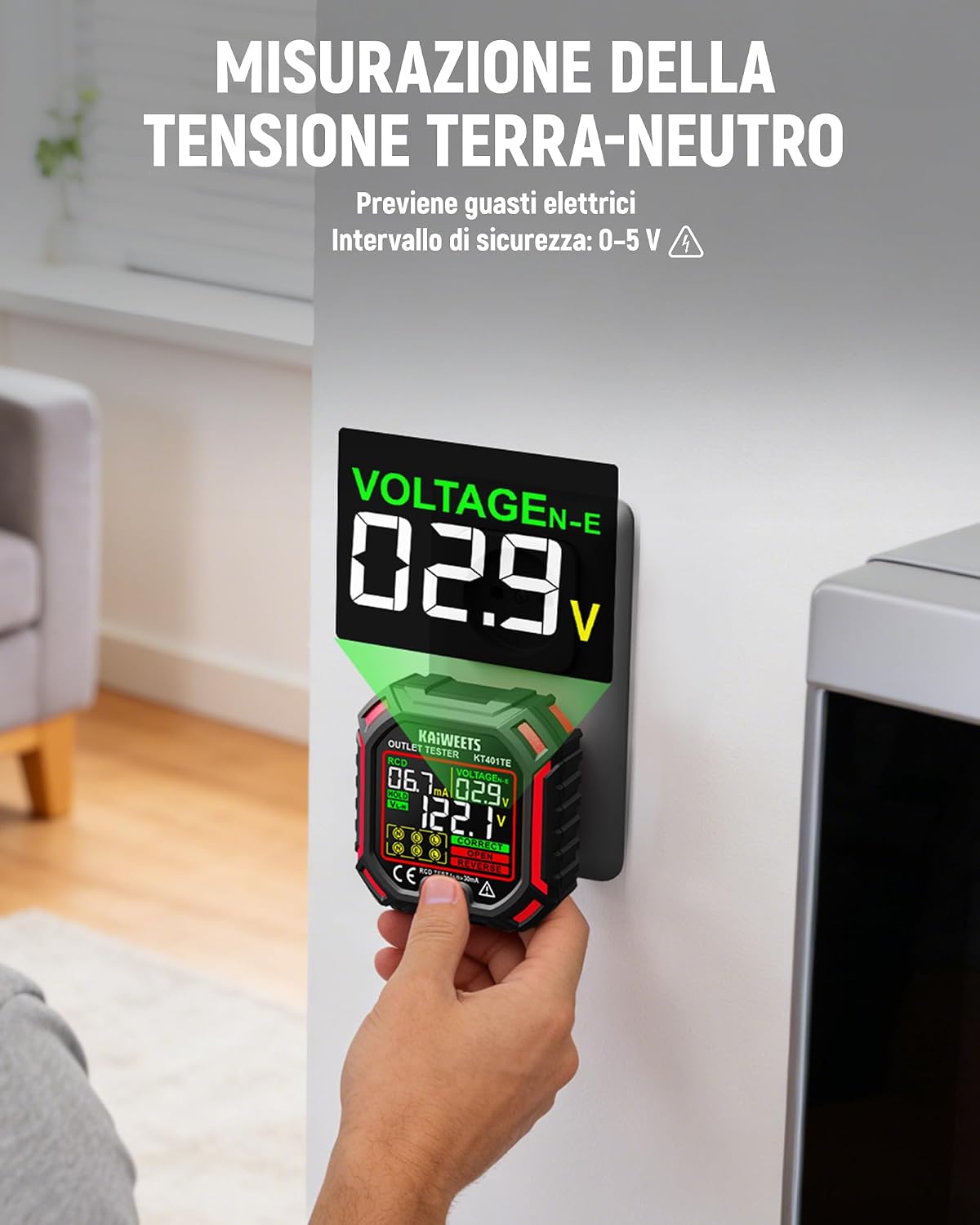Detalle 2 de KAIWEETS Tester per prese 7-in-1 con test RCD e display LCD a colori, misurazione tensione e dispersione, 200–250 V, CAT II 300 V