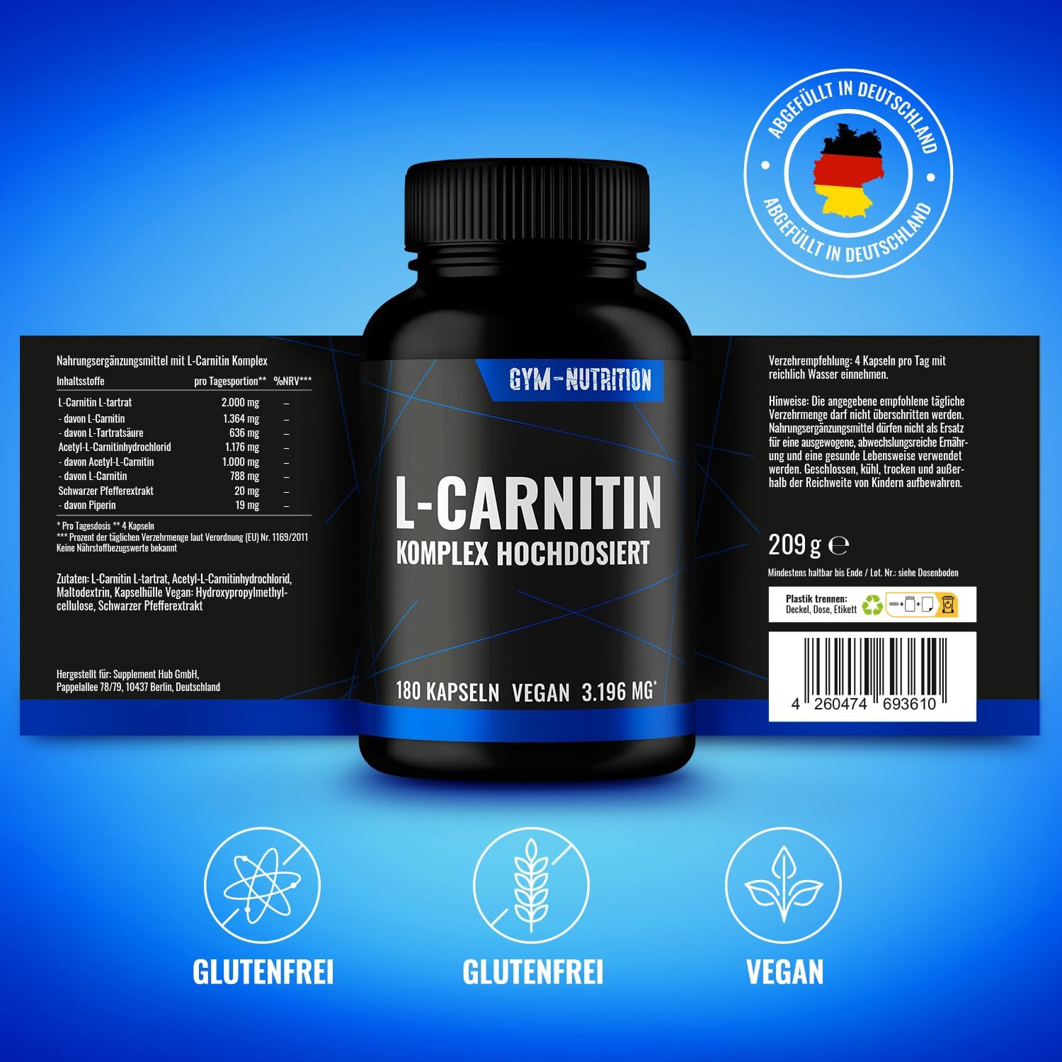 Thumbnail 2 de L-Carnitin Dreifach Komplex 3196 mg – Hochdosierte vegane L-Carnitin-Kapseln (180 St.)