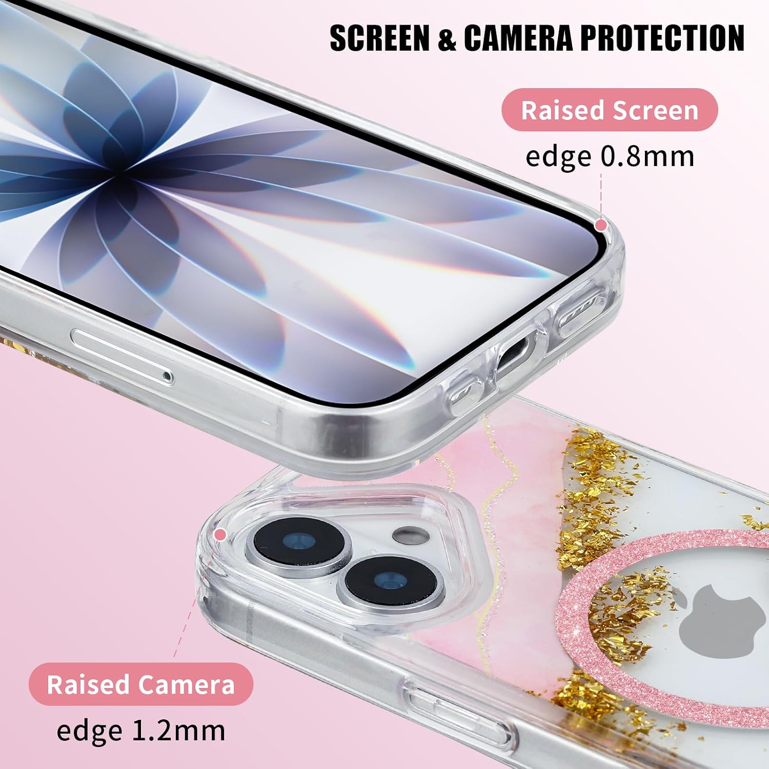 Detalle de Teayoha iPhone 17 Glitter Case with MagSafe Ring, Pink Marble and Gold Foil