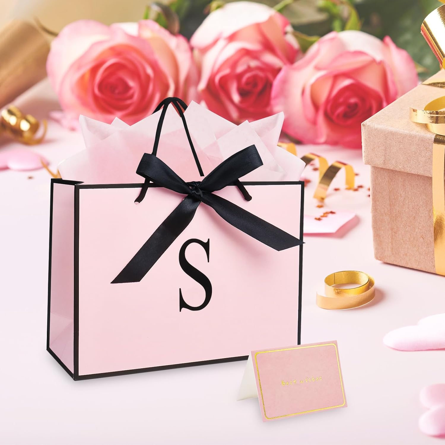 Thumbnail 5 de Pink Gift Bags with Tissue Paper and Card – Initial Design Gift Set (28×20×10 cm)
