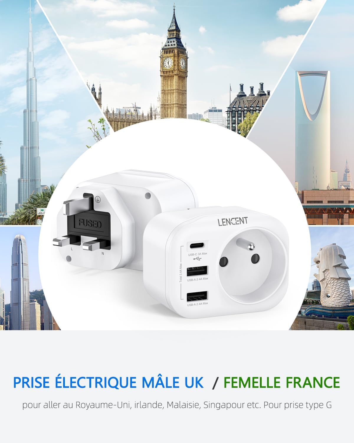 Thumbnail 1 de LENCENT Type G Adaptateur de Voyage 4 en 1 – Prise Française vers UK (Angleterre, Irlande, Écosse) avec 1 AC, 1 USB-C et 2 USB-A