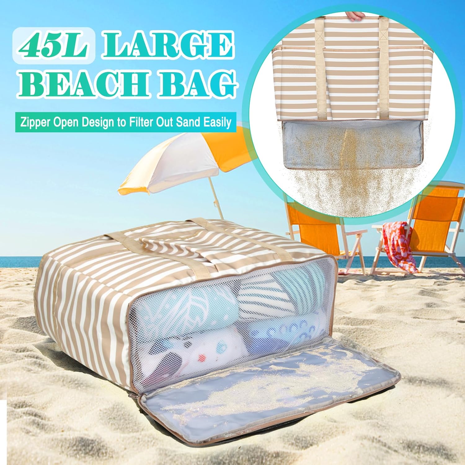 Detalle 2 de JUYANO Extra Large Beach Bag for Women with Zip, Waterproof 45L Tote with Wet Compartment