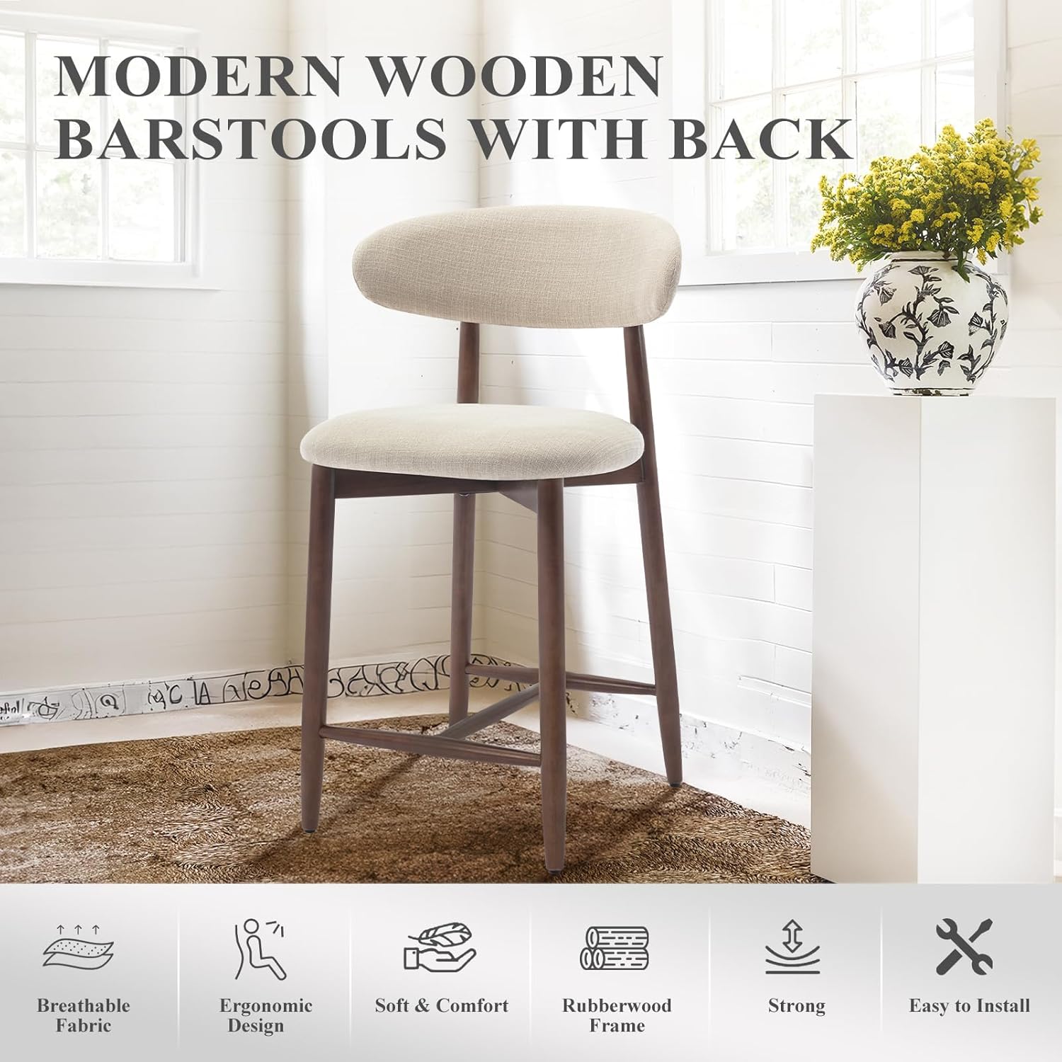 Detalle de COLAMY 2PCS Counter Height Bar Stools with Back: Nordic-Inspired Comfort for Kitchen Islands