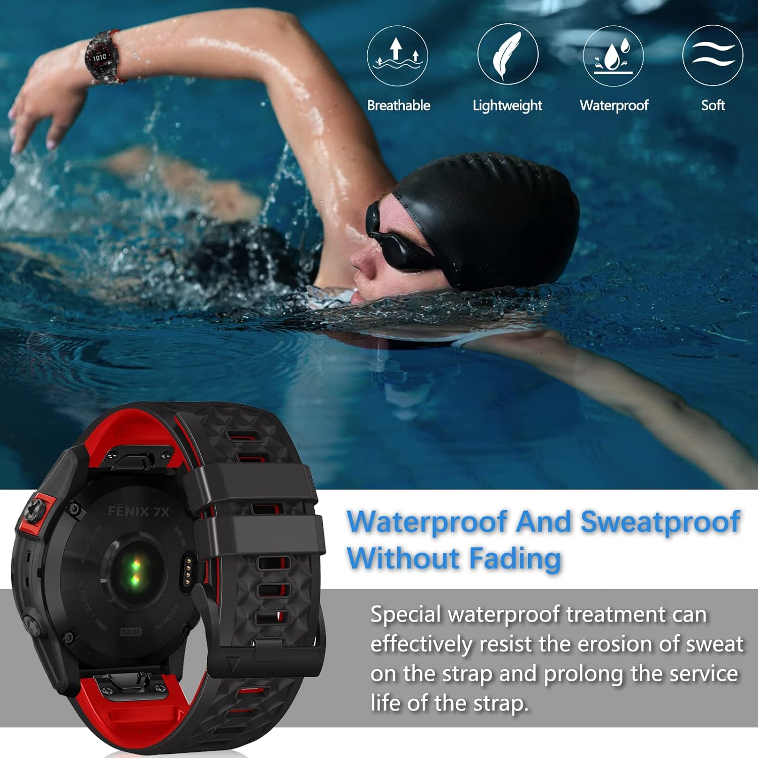 Detalle de LanQii QuickFit Silikonarmband 26 mm für Garmin (schwarz+rot) – Ersatzband für Tactix 8, Fenix 8/7/6/5, Enduro und Descent